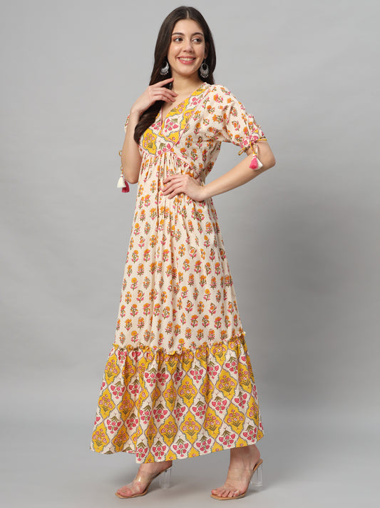 Yellow and Cream Printed Maxi Dress with Tassel Sleeves