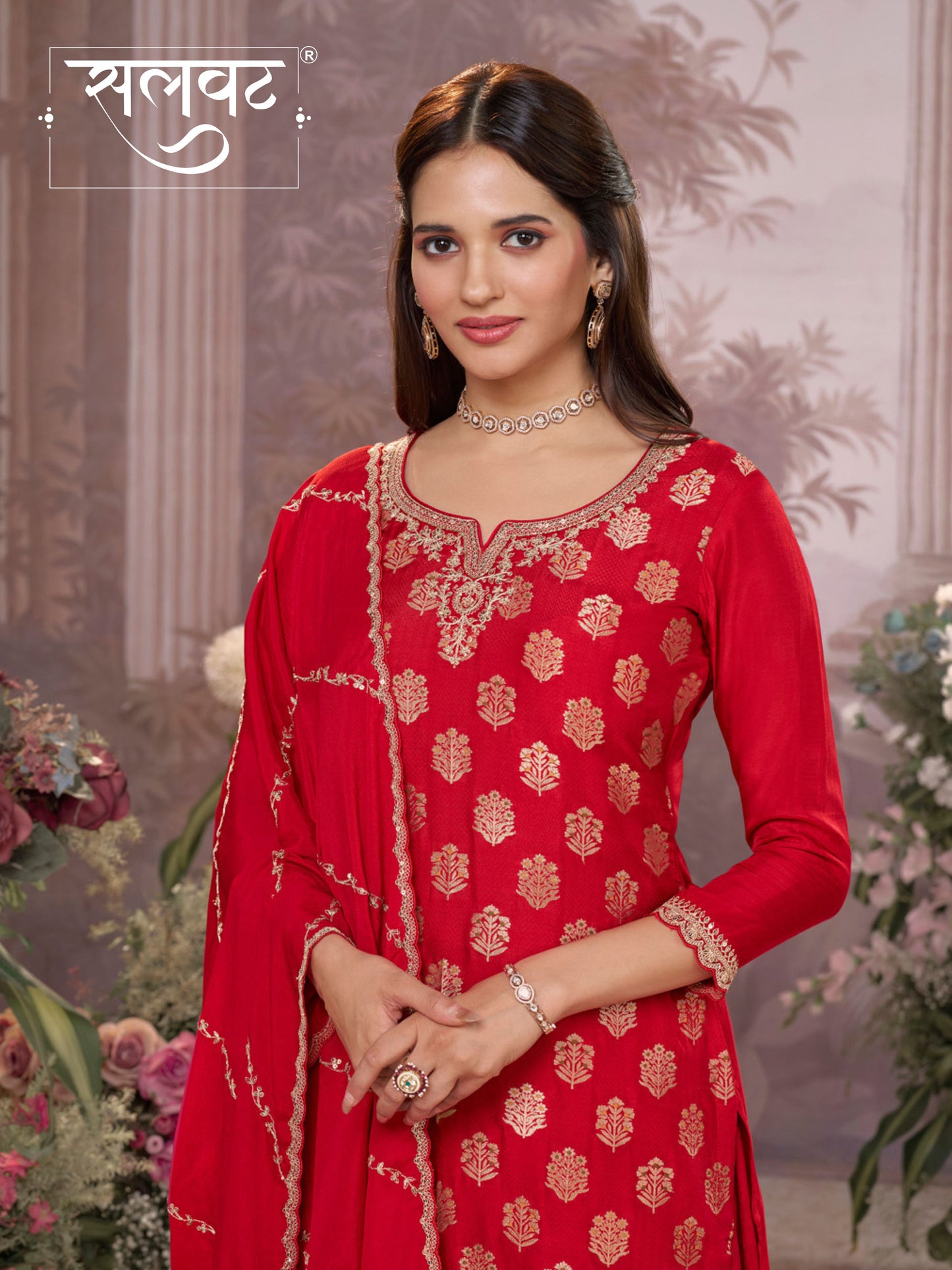 Red Dola Silk Meena Jacquard Kurta Set Paired With Embroidered Sharara Suit Set