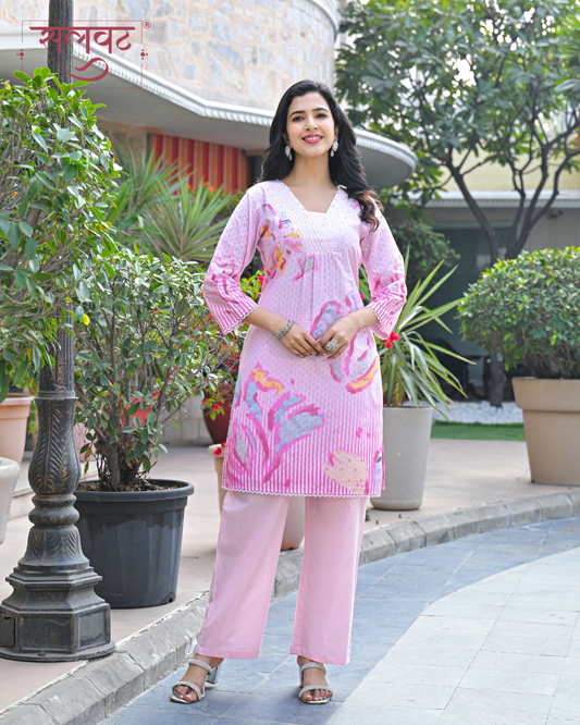 Powder Pink Abstract Printed Handwork Kurta Set