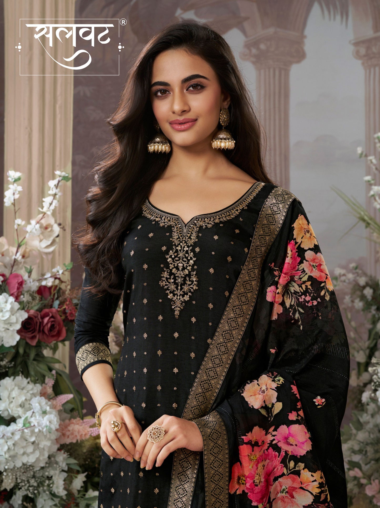 Black Dola Silk Kurta Set with Jacquard Detailing and Intricate Embroidery, Paired with a Cherry Silk Dupatta