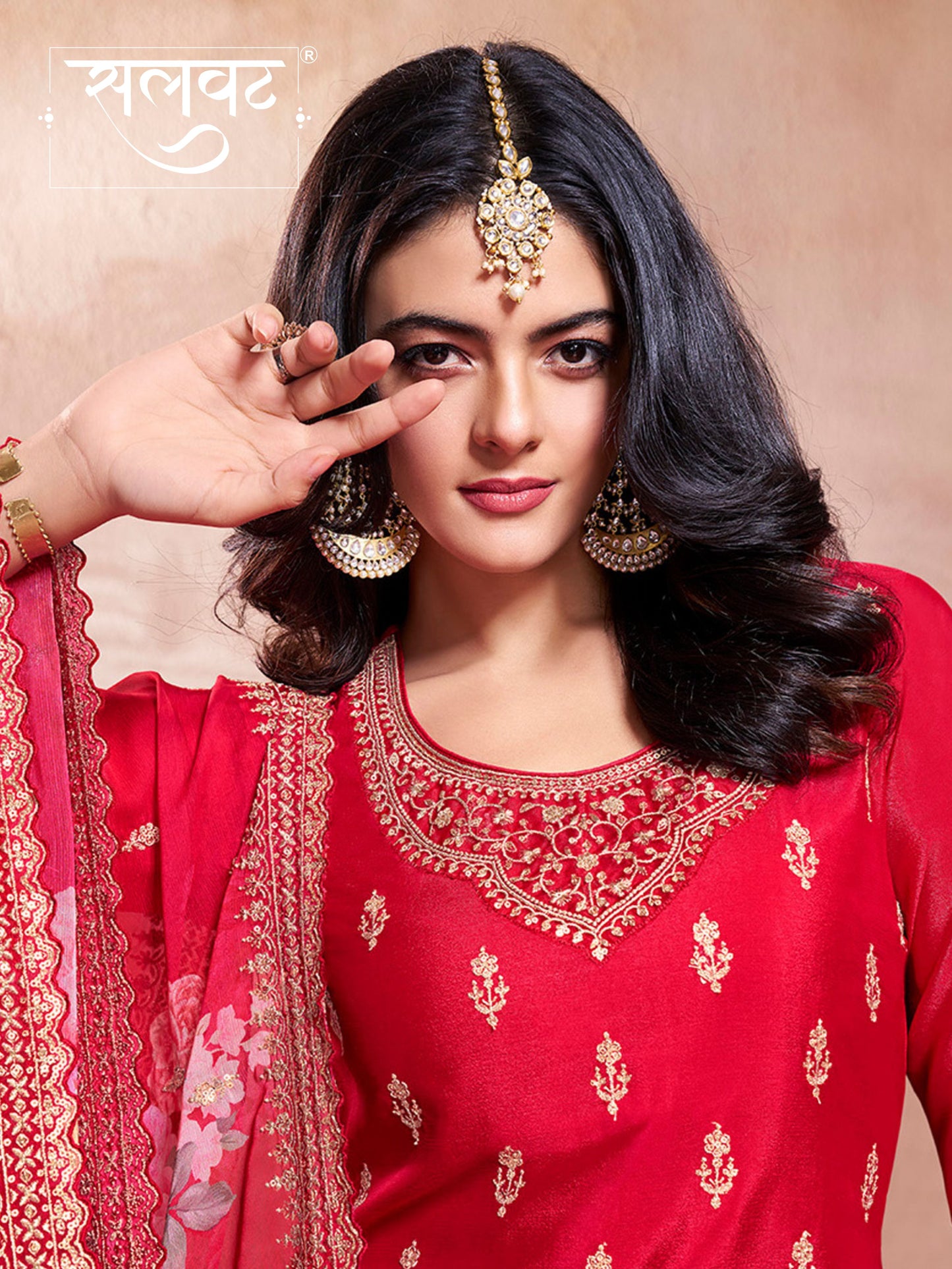 Red Butti Floral pattern Sequins Embroidered Sharara Suit Set