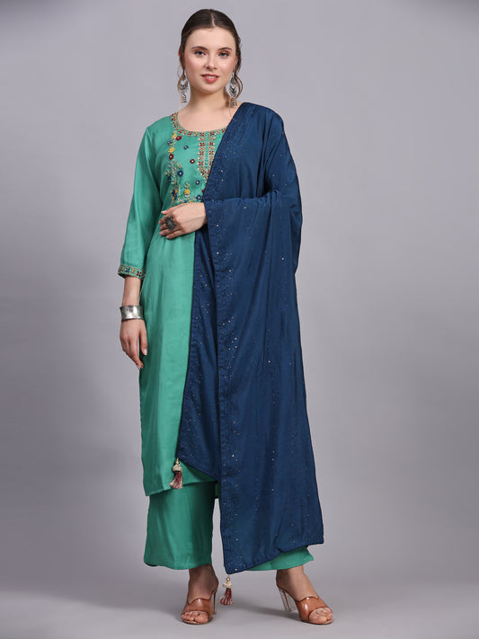 Green Viscose Silk Blend Kurta Set with Dupatta