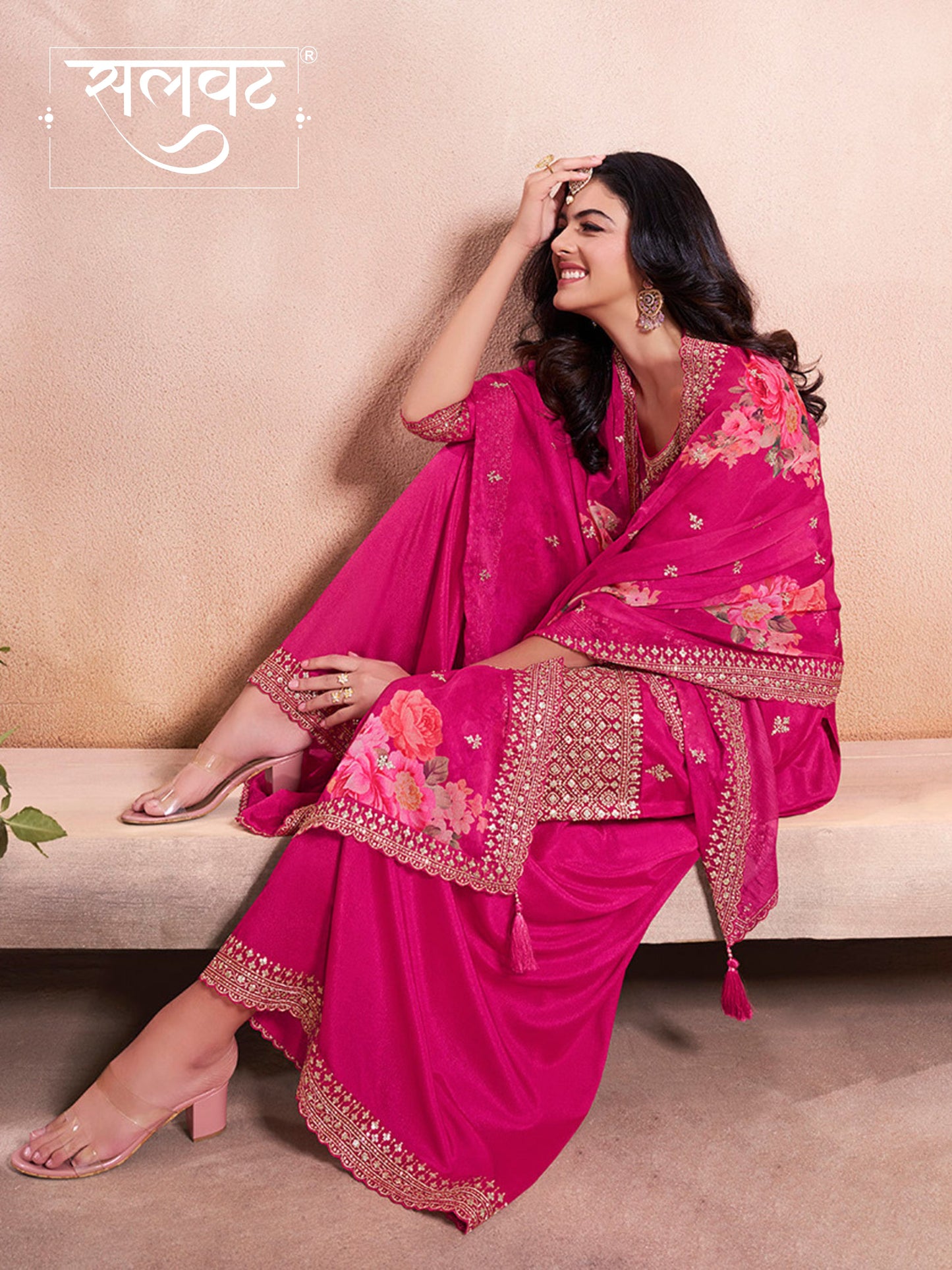 Pink Butti Floral pattern Sequins Embroidered Sharara Suit Set