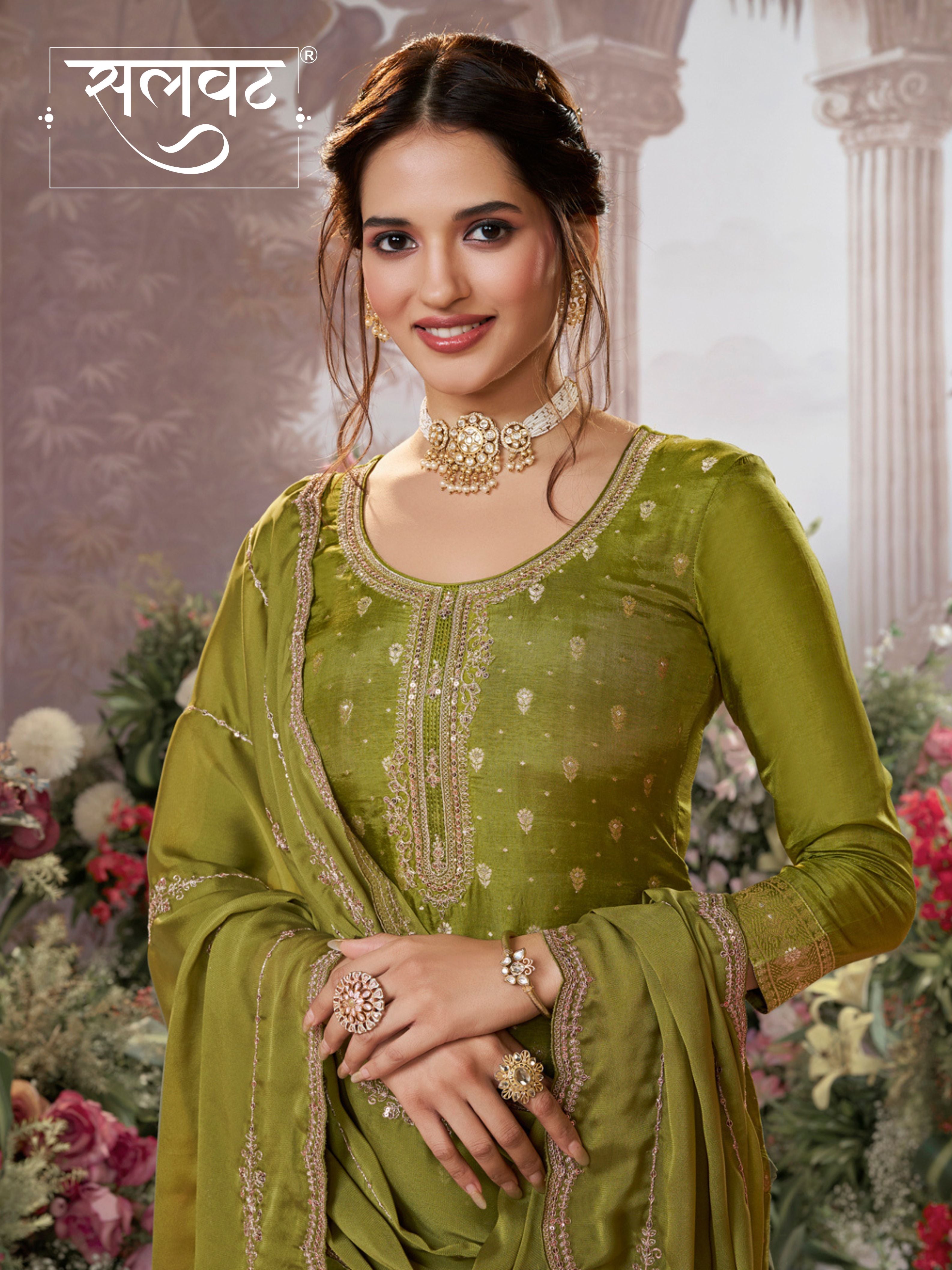 Olive Dola Silk Fabric Kurta with Embroidered & Jacquard Work Paired with Rangoli Fabric Dupatta with Patterned Sequins Work.