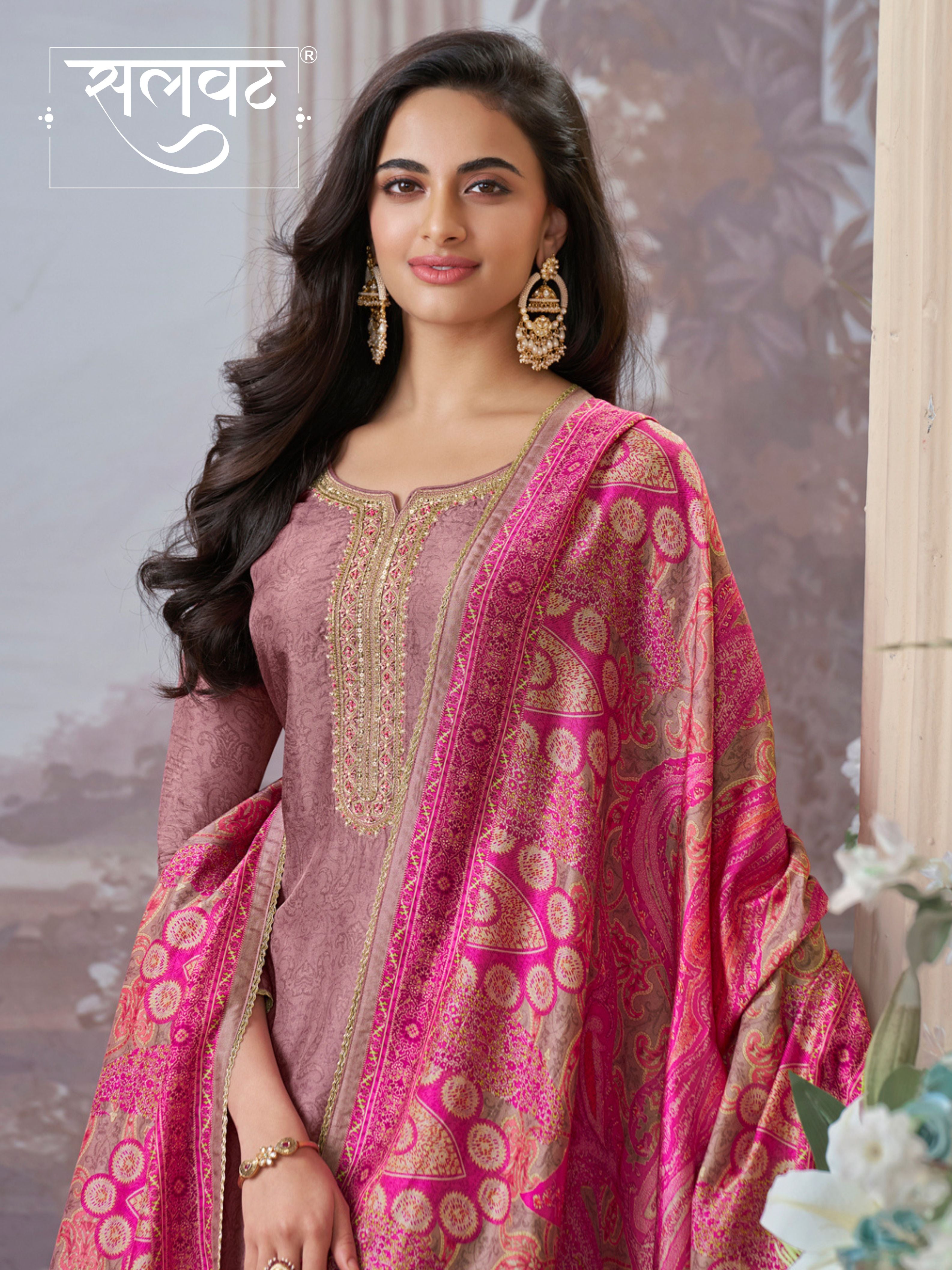 Dusty Rose Russian Silk Kurta With Digital Print Work Paired With Russian Milk Digital Print Contrast Dupatta