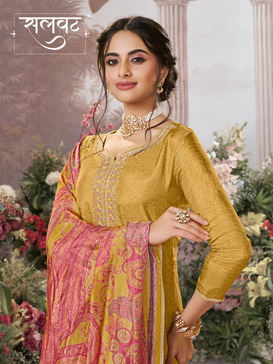 Yellow Russian Silk Kurta With Digital Print Work Paired With Russian Milk Digital Print Contrast Dupatta