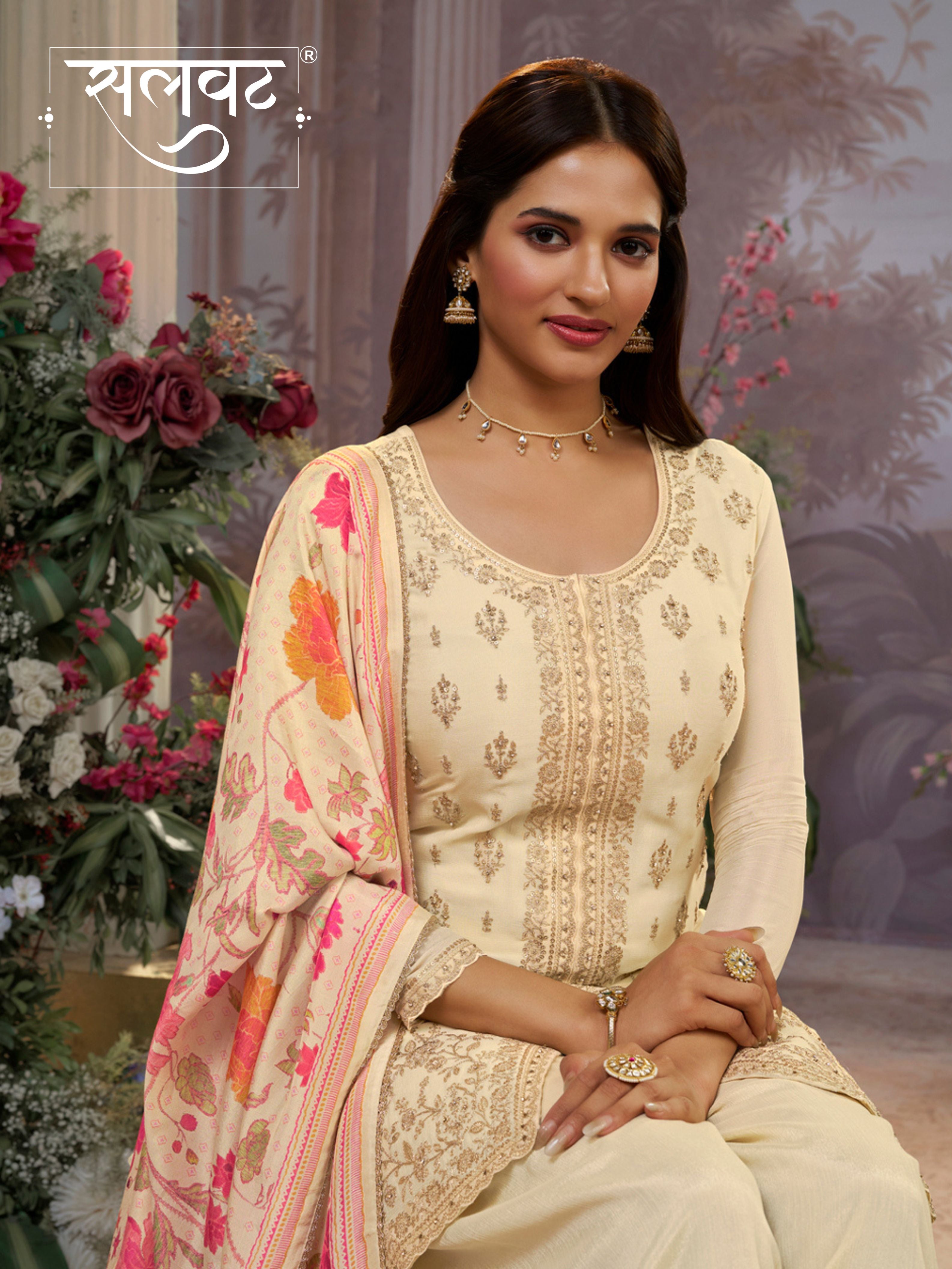 Off-White Chinon Kurta Set with Embroidered Work Paired with Digital Printed Dola Silk Dupatta