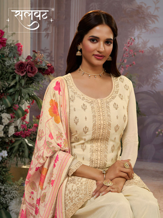 Off-White Chinon Kurta Set with Embroidered Work Paired with Digital Printed Dola Silk Dupatta