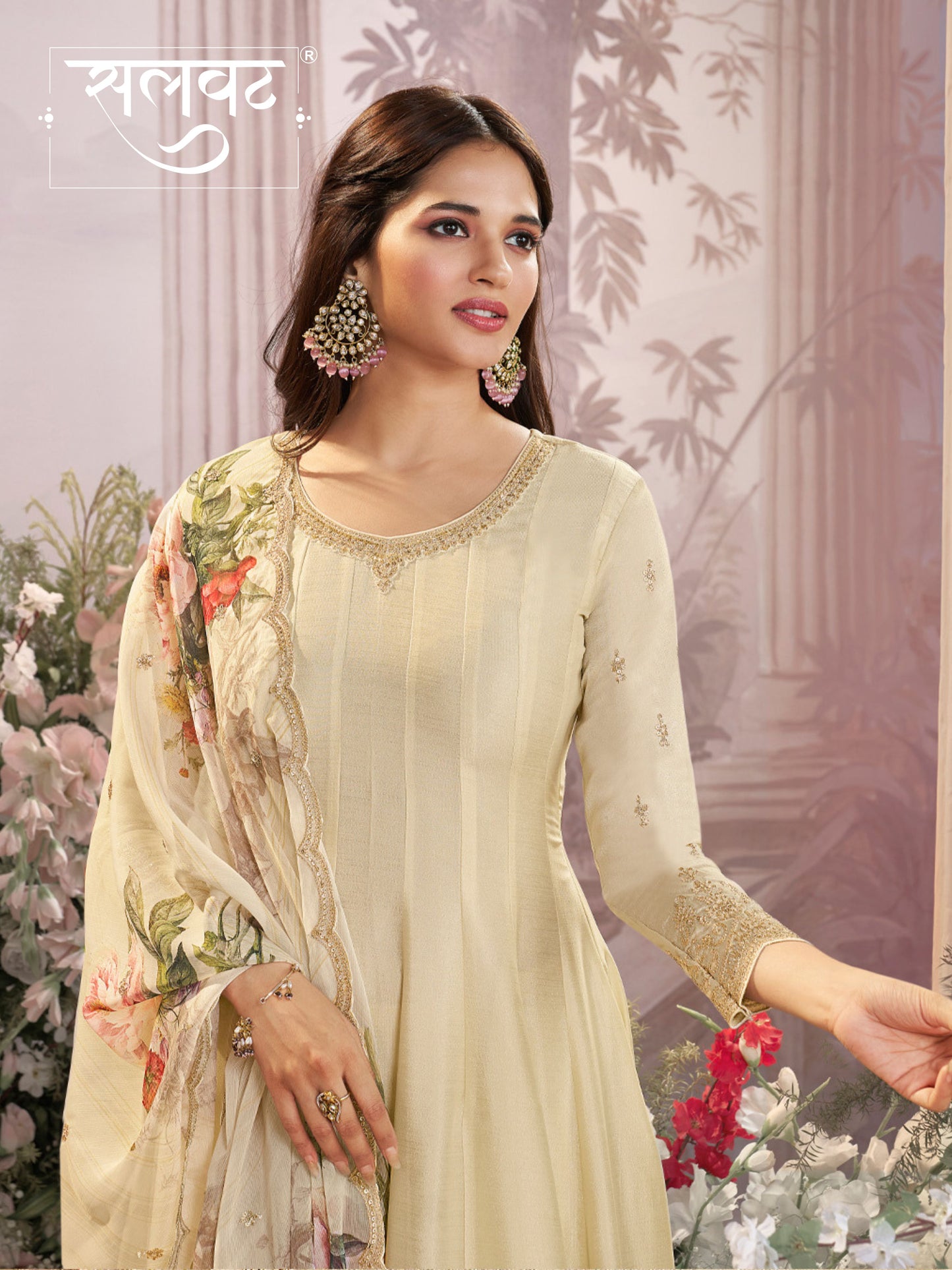 Off-White Vichitra Silk Embroidered Anarkali Set with Digital Printed Chiffon Dupatta