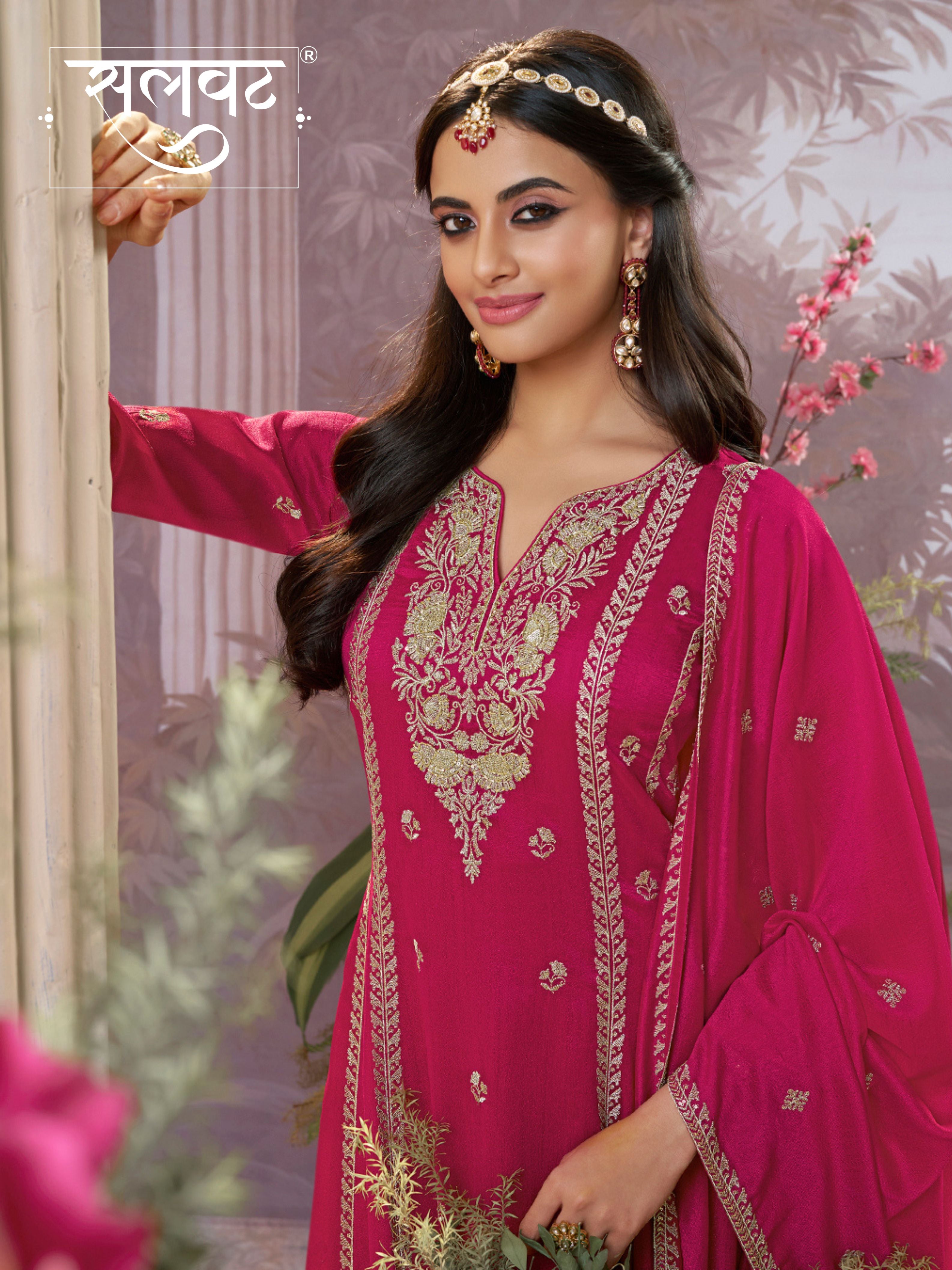 Hot Pink Vichitra Silk Kurta Suit Set with Embroidered Work Paired with Vichitra Silk Dupatta with Embroidered Work