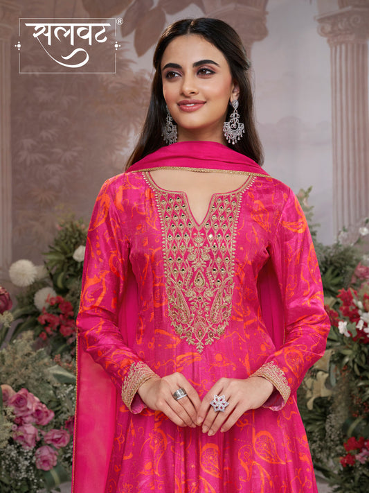 Pink Digital Printed Mirror Embroidered Anarkali Suit Set