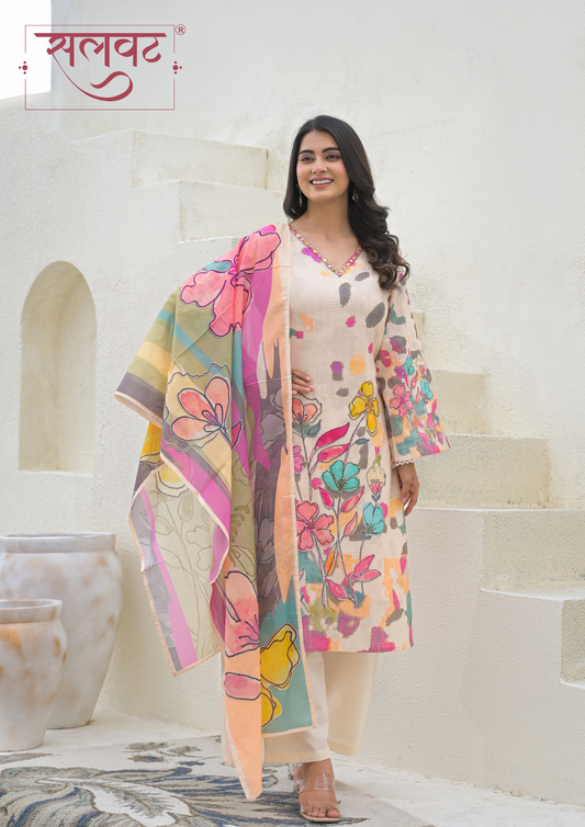 100% Pure Organic Cotton Dobby 60 by 60 count weave Camel Beige colour Digital Print and beads handwork neck , beads highlight flowers in kurta  with digital print Duptta Set