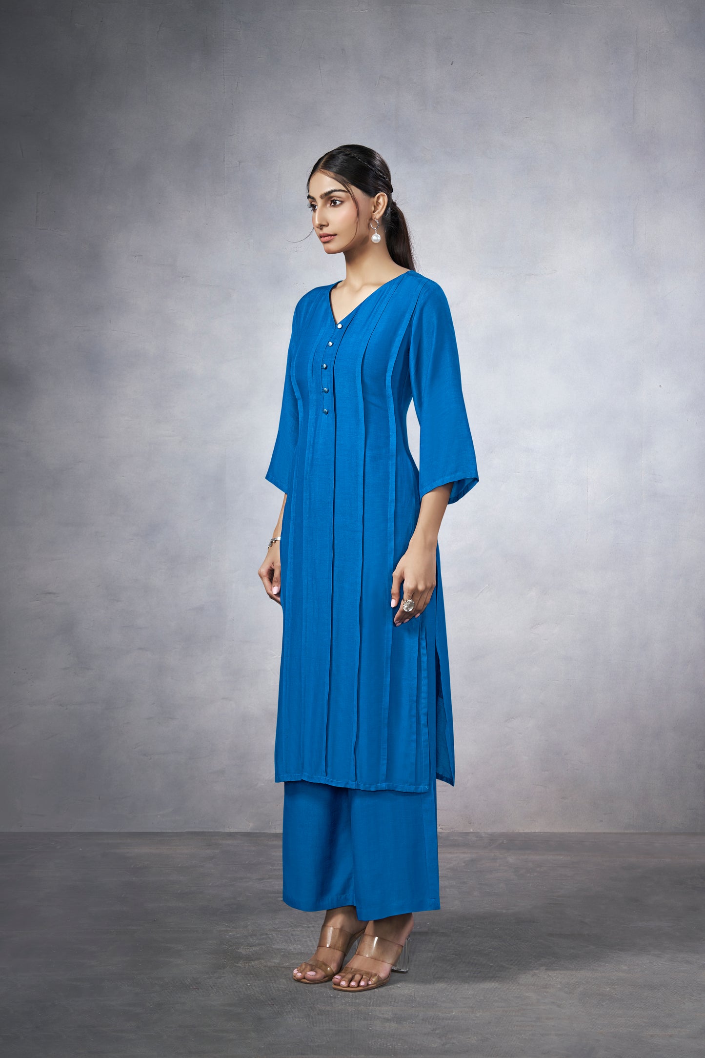 Blue long kurta coord set with pearl buttons