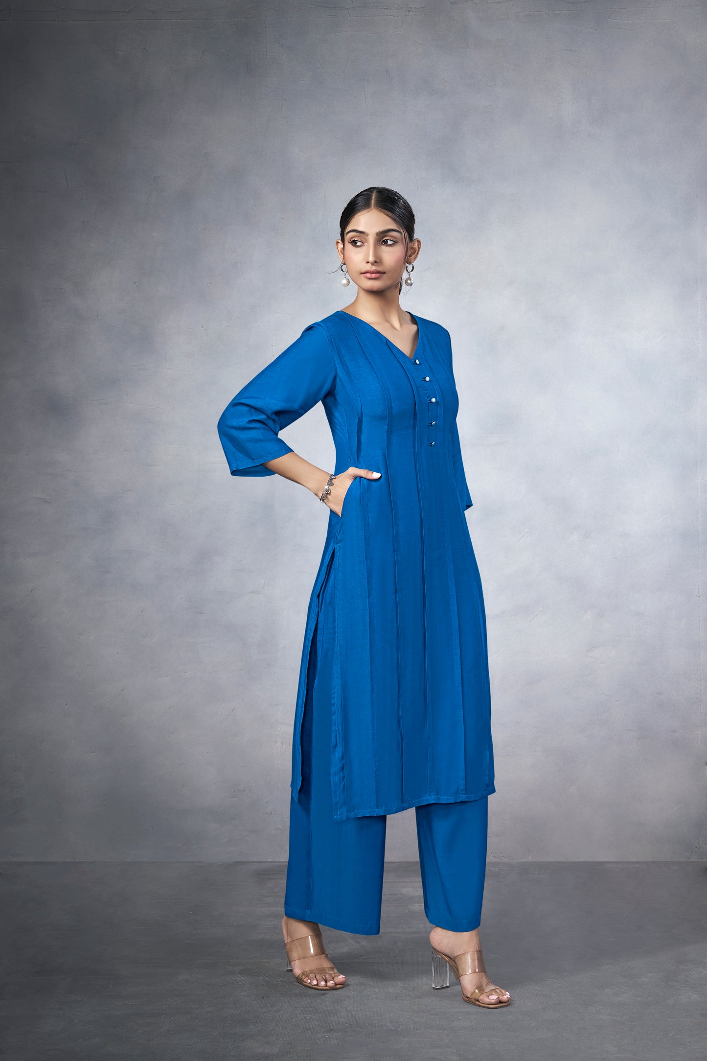 Blue long kurta coord set with pearl buttons