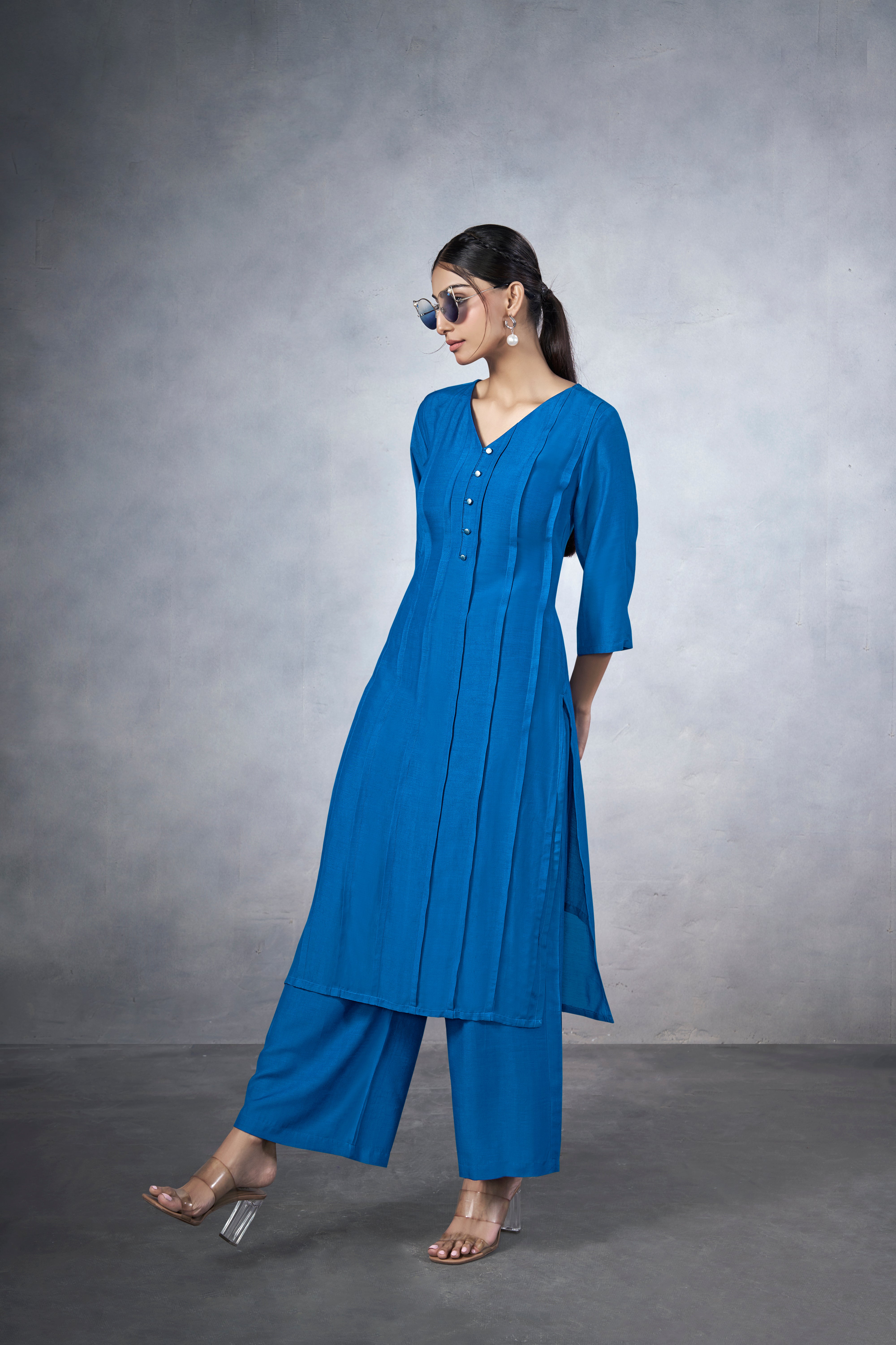 Blue long kurta coord set with pearl buttons