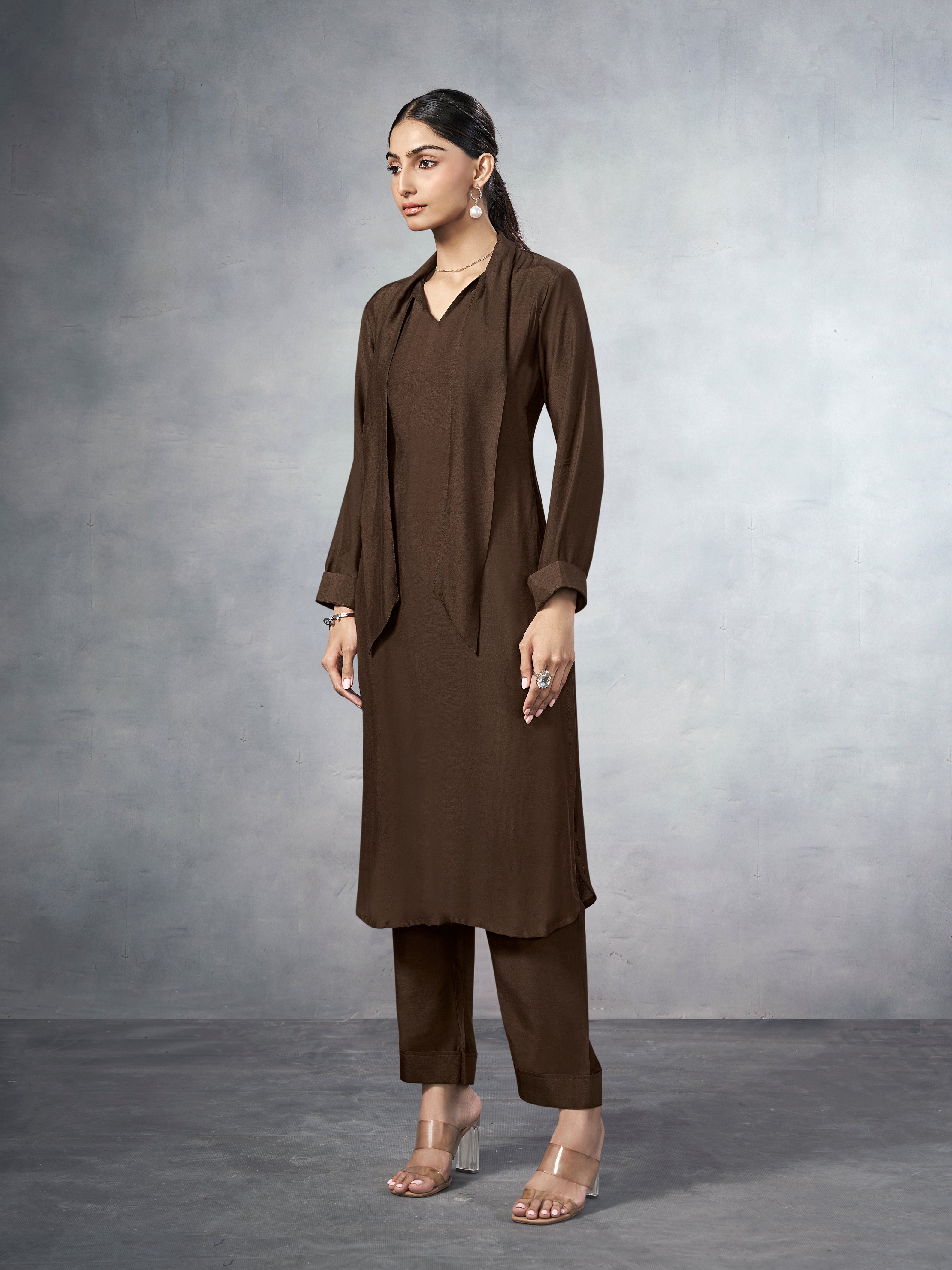 Brown co-ord set with a  tie-neck detail