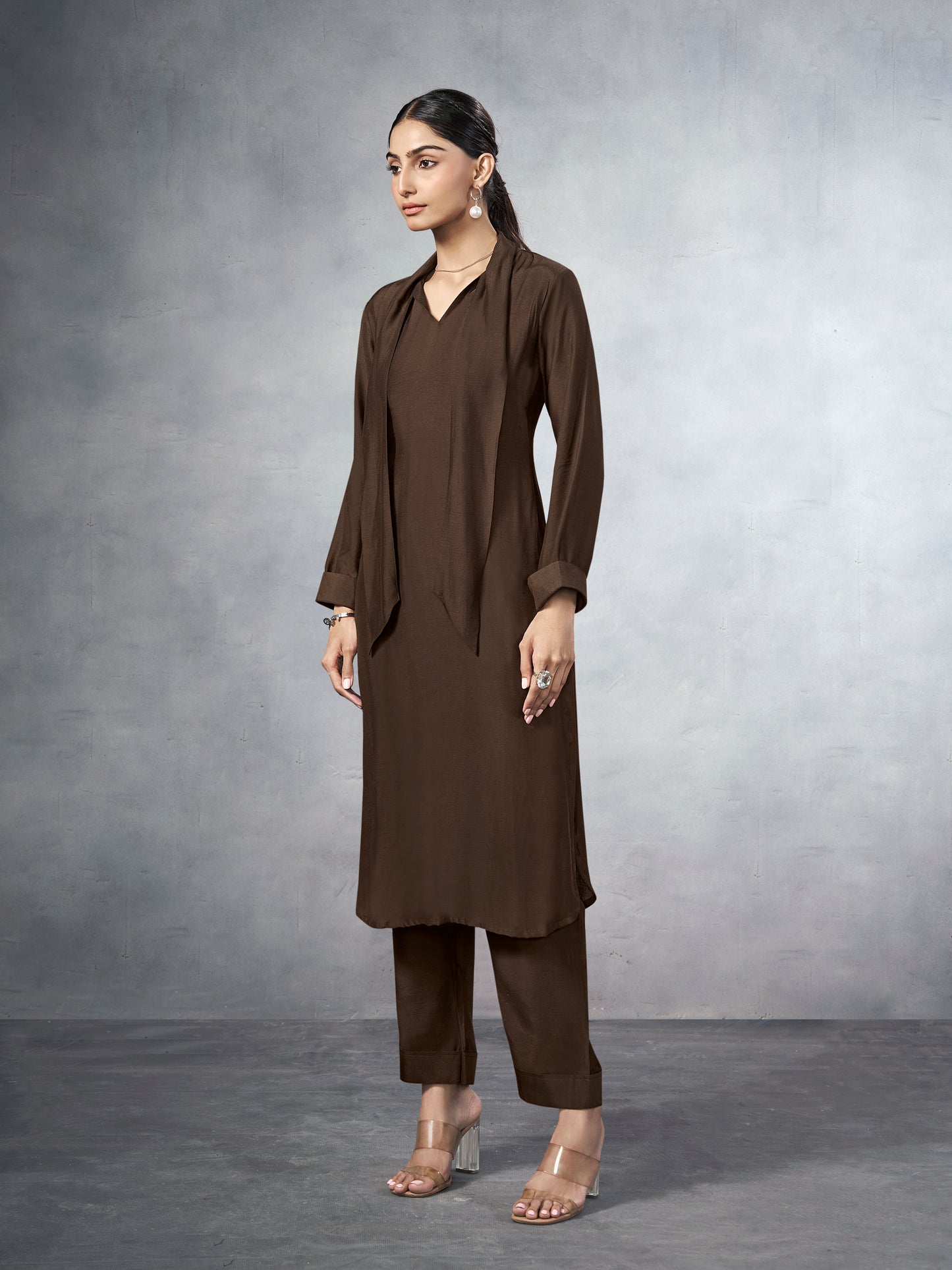 Brown co-ord set with a  tie-neck detail