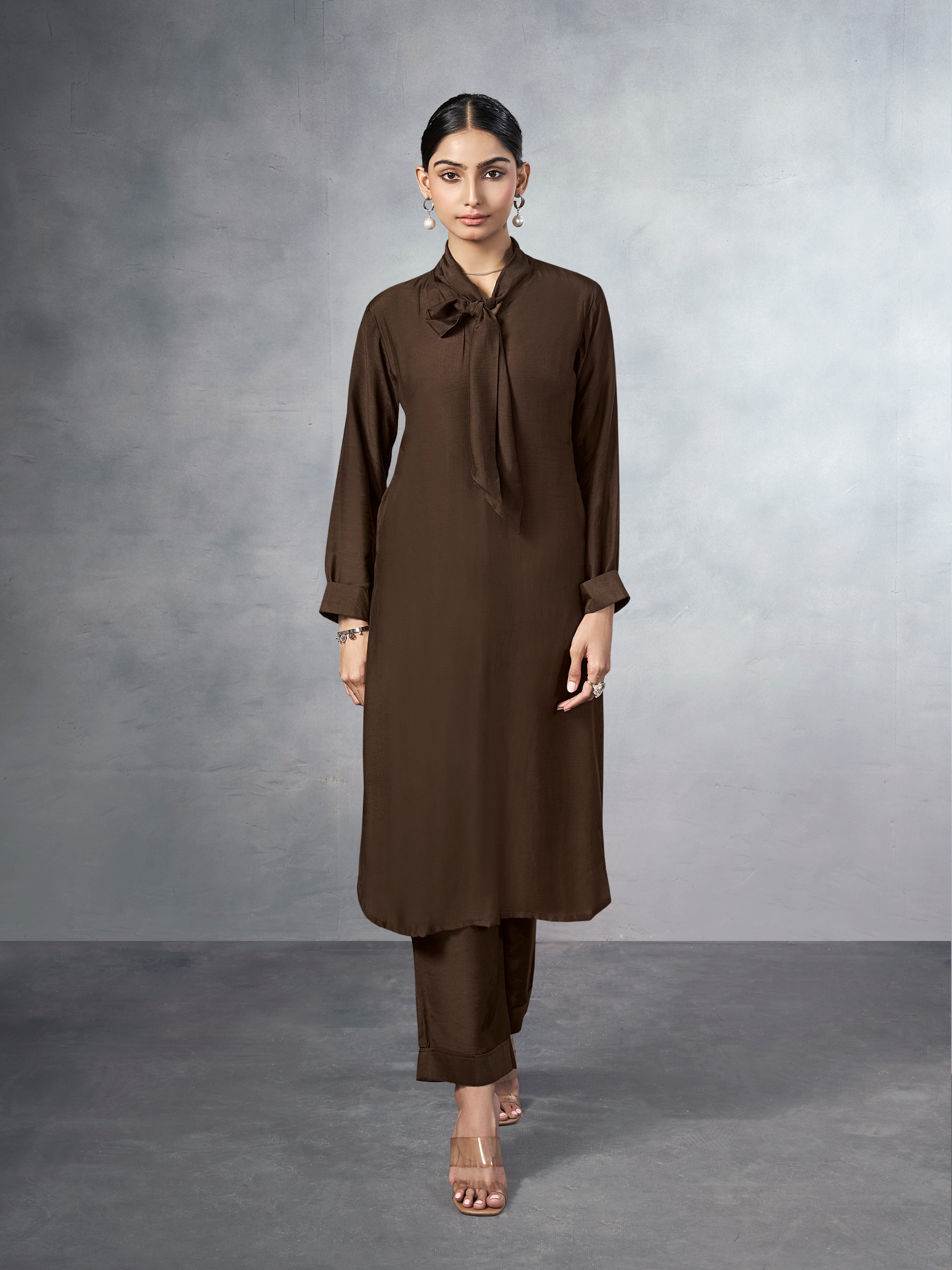 Brown co-ord set with a  tie-neck detail