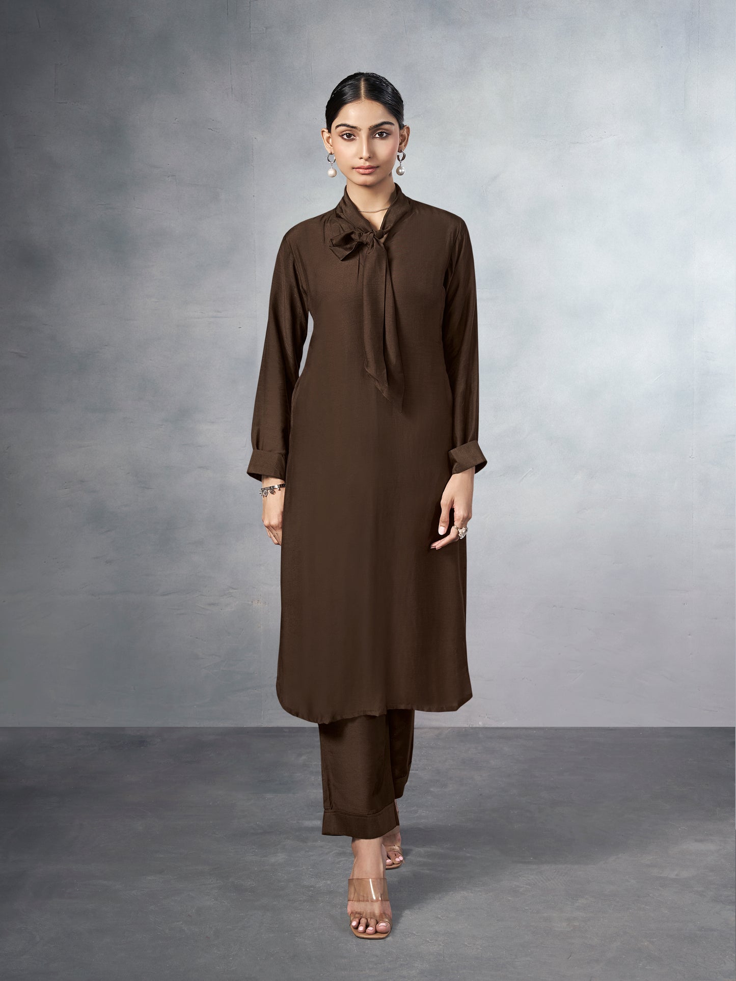 Brown co-ord set with a  tie-neck detail