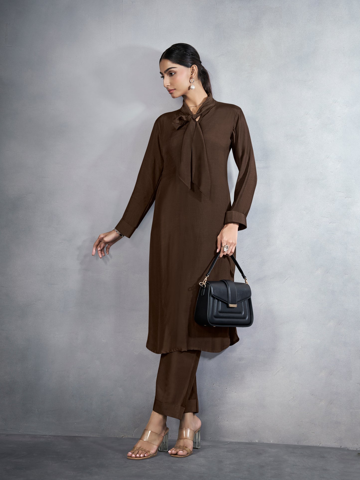 Brown co-ord set with a  tie-neck detail