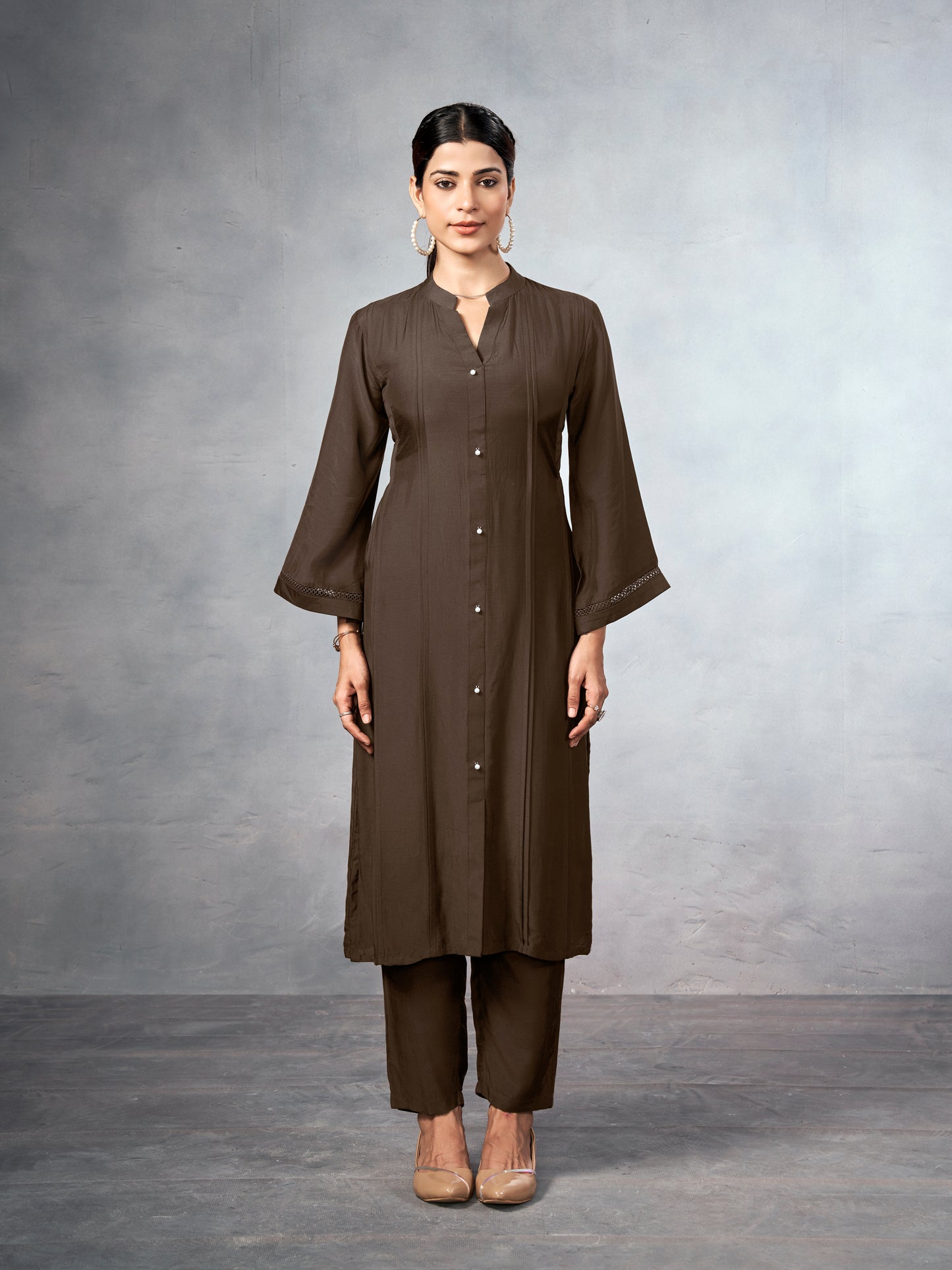 Brown long kurta coord set with pearl buttons