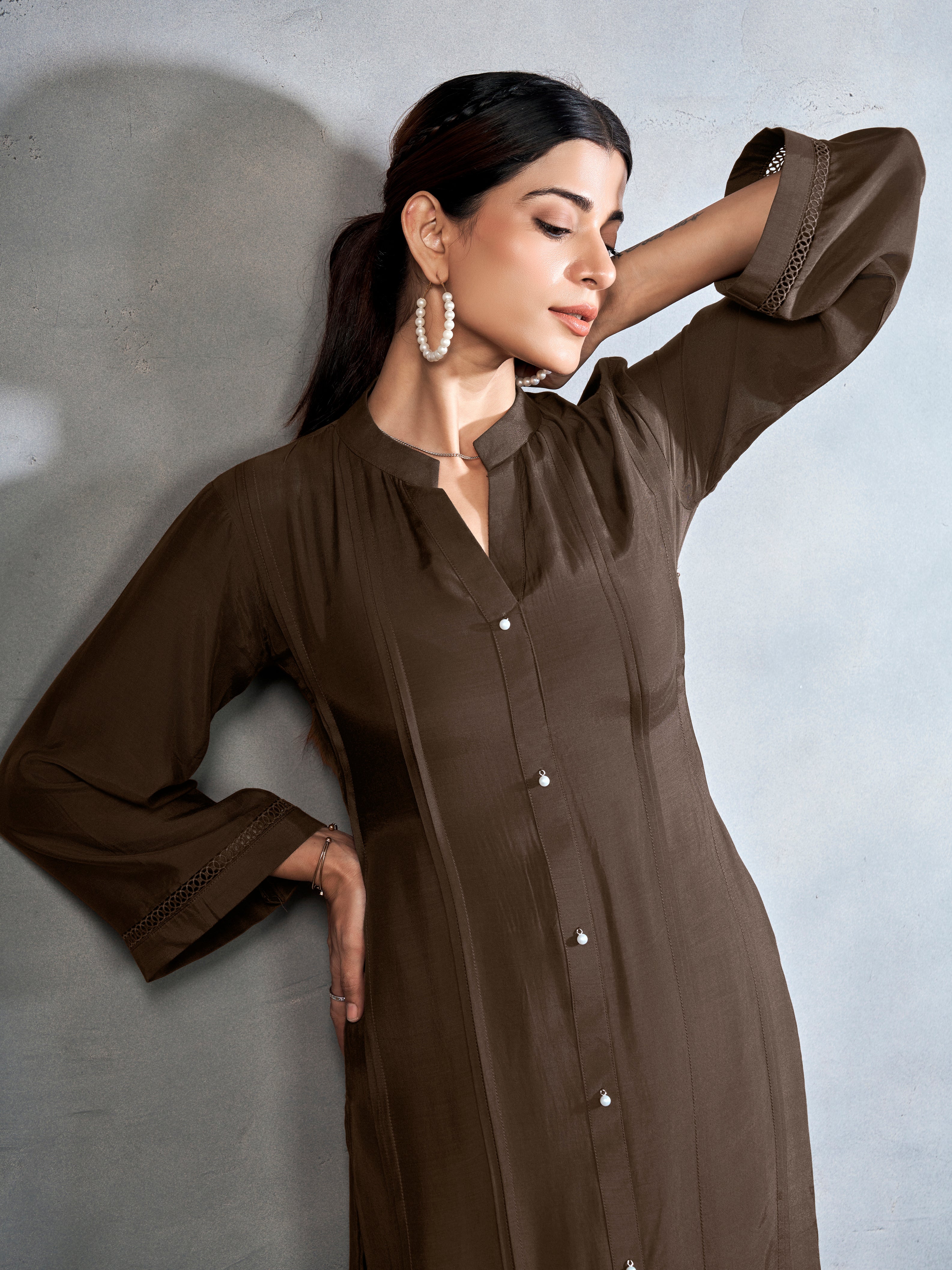Brown long kurta coord set with pearl buttons