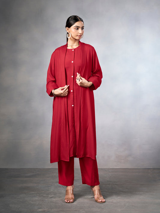 Red three-piece co-ord set with shrug