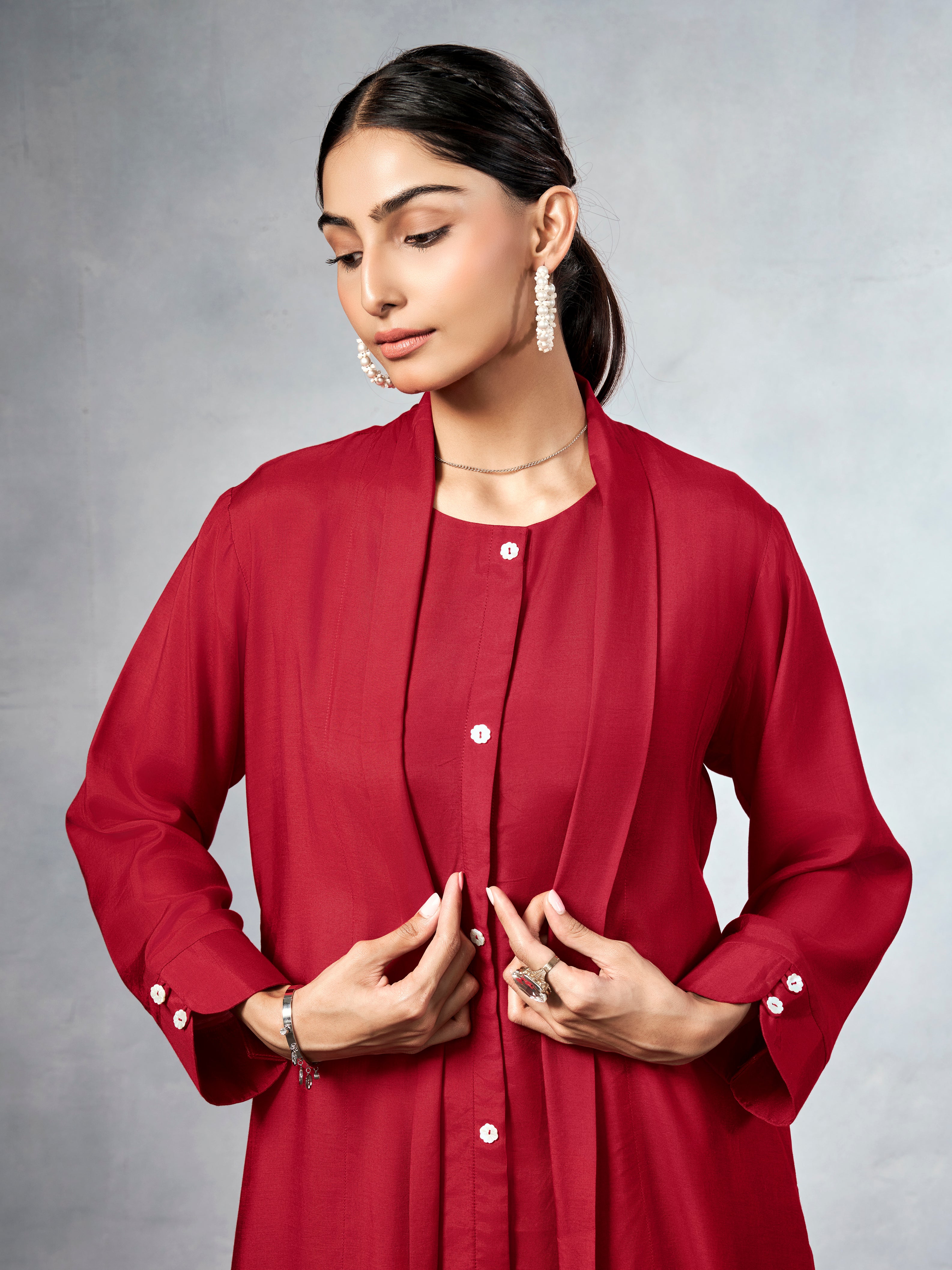 Red three-piece co-ord set with shrug