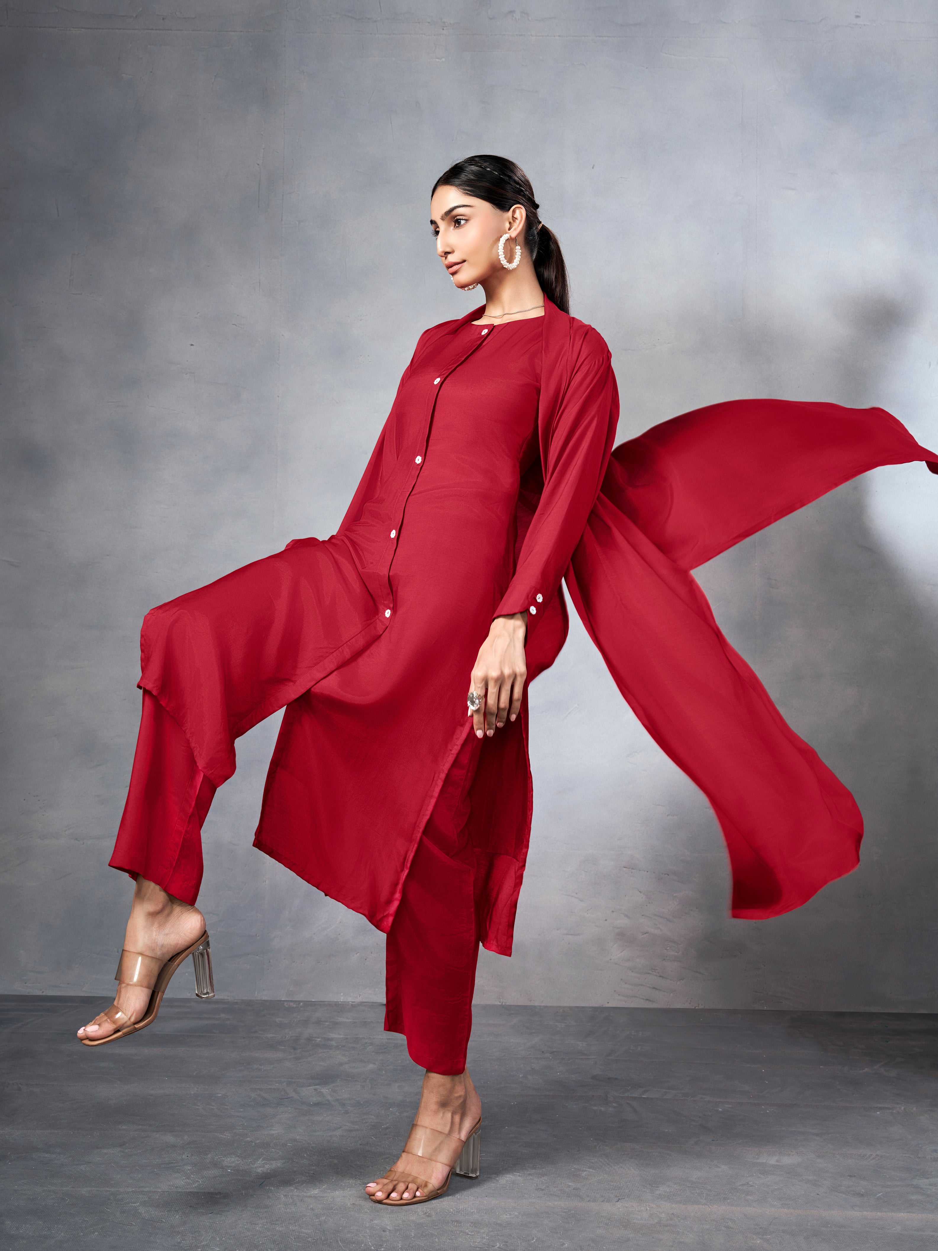 Red three-piece co-ord set with shrug