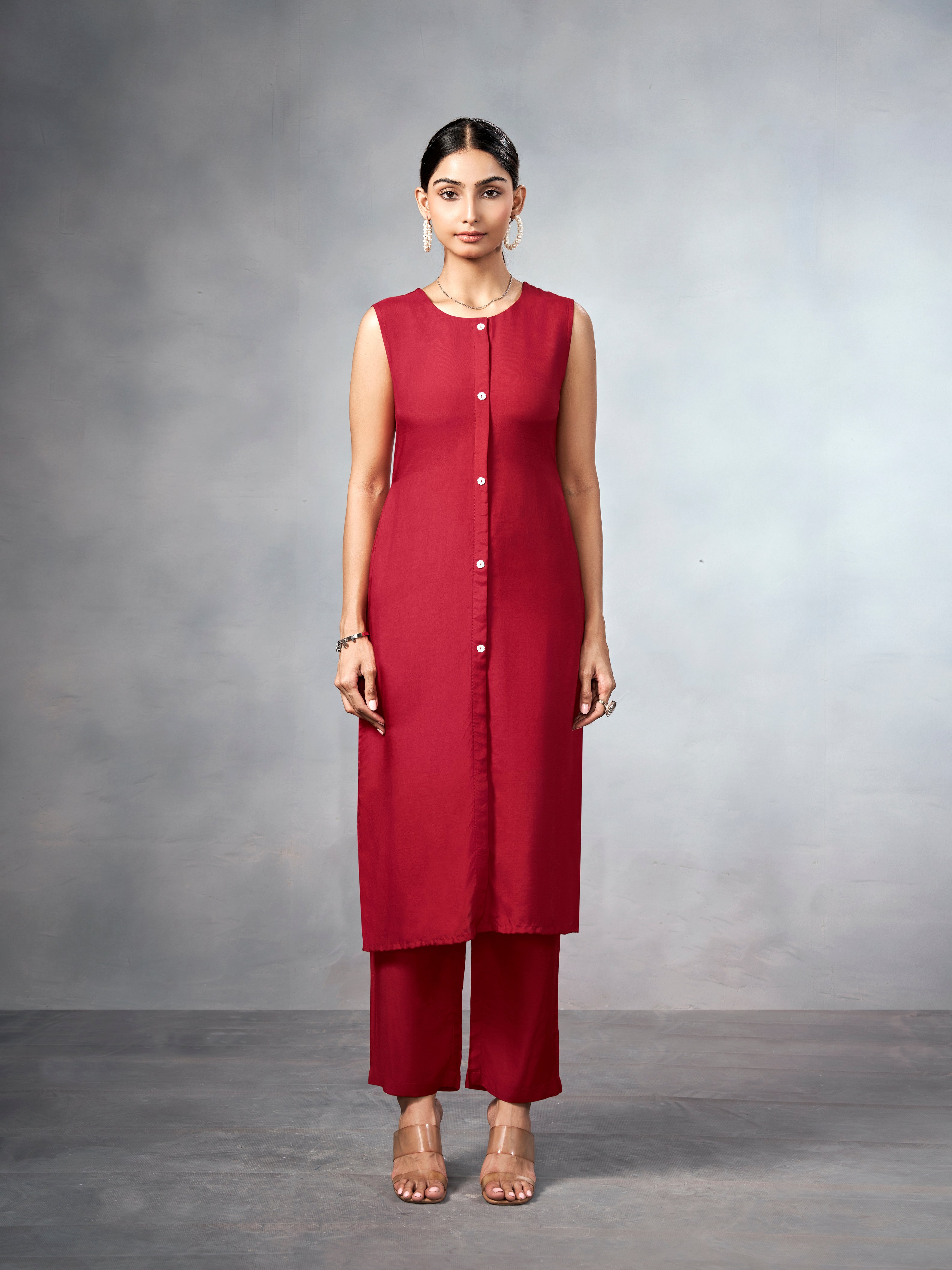 Red three-piece co-ord set with shrug