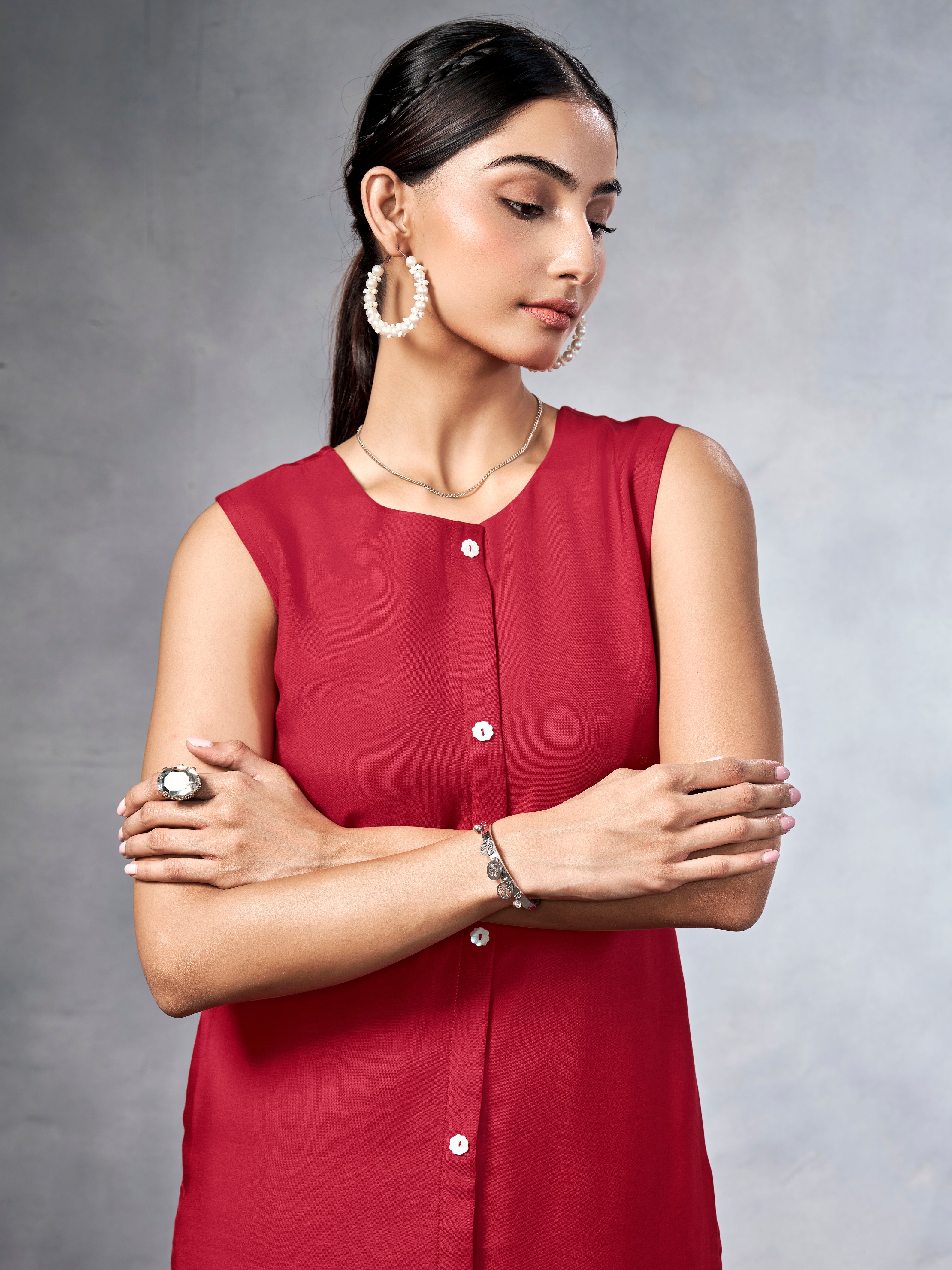 Red three-piece co-ord set with shrug