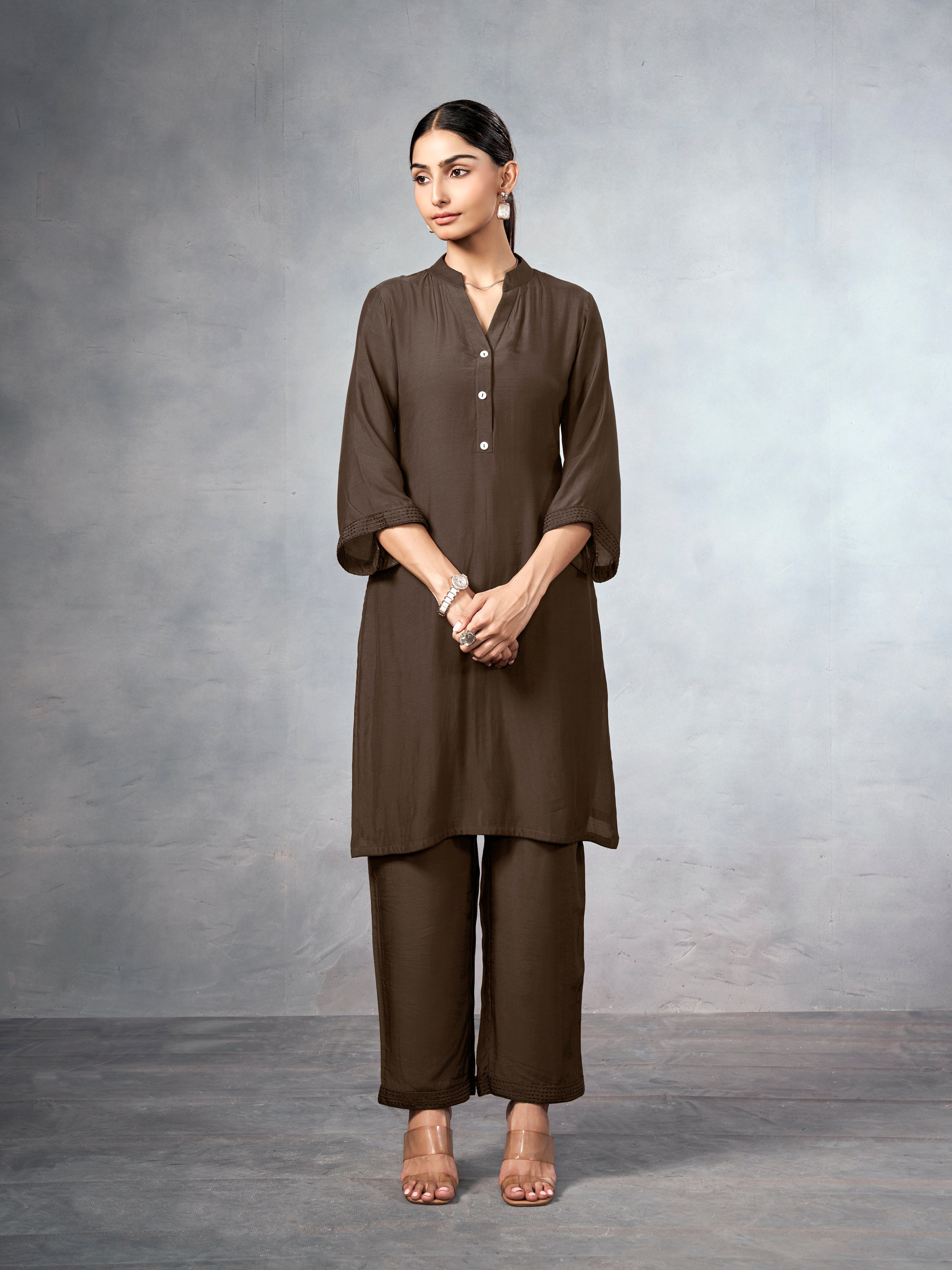 Brown co-ord set with subtle sticthing pattern