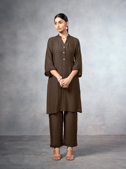 Brown co-ord set with subtle sticthing pattern