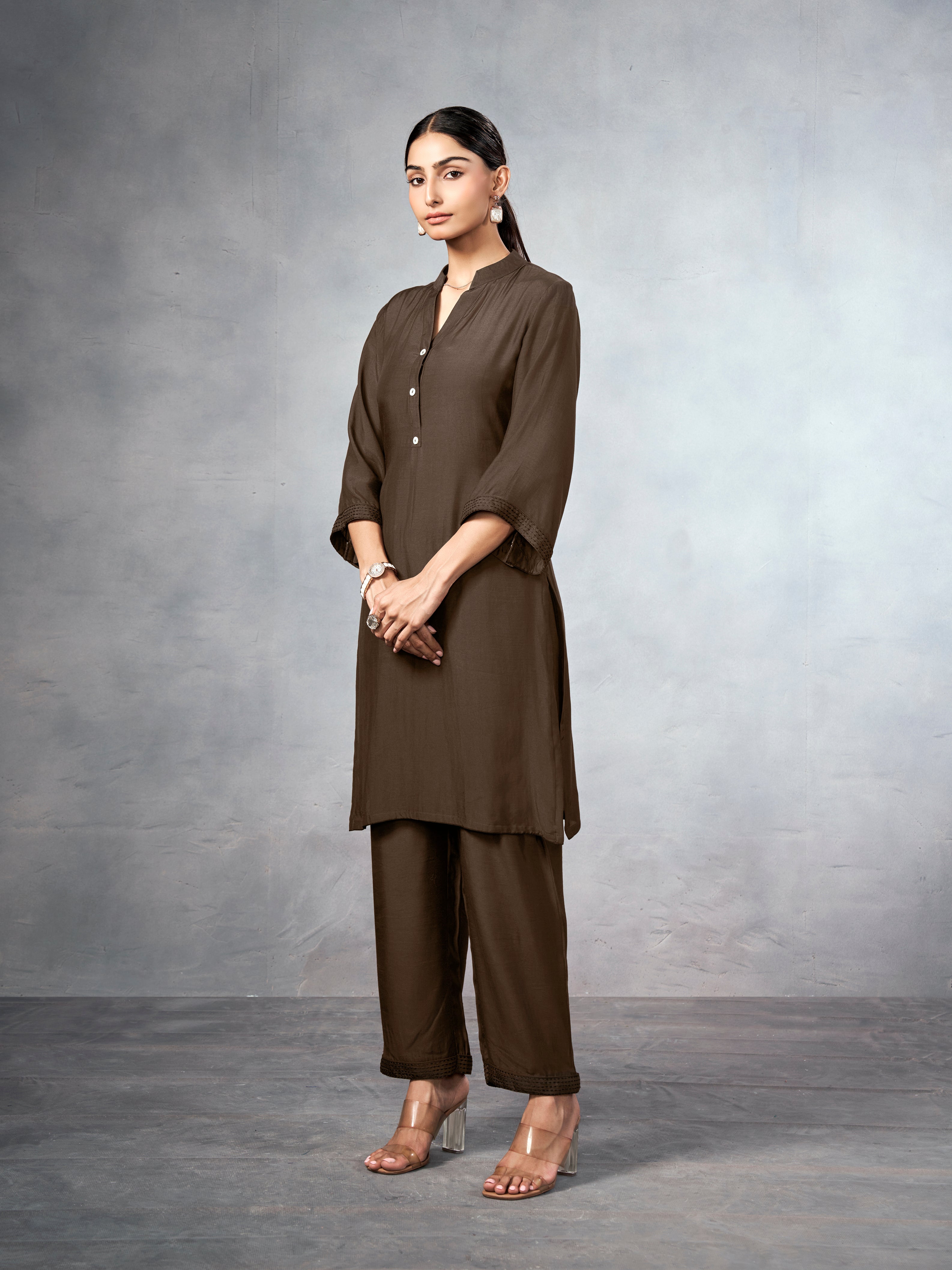 Brown co-ord set with subtle sticthing pattern