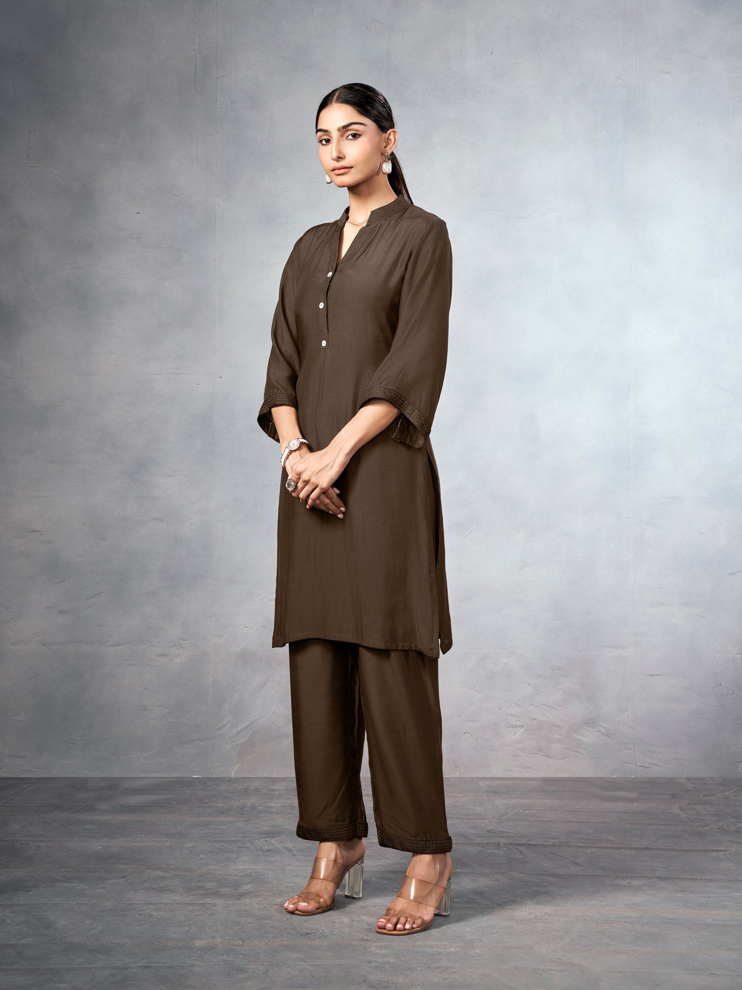 Brown co-ord set with subtle sticthing pattern