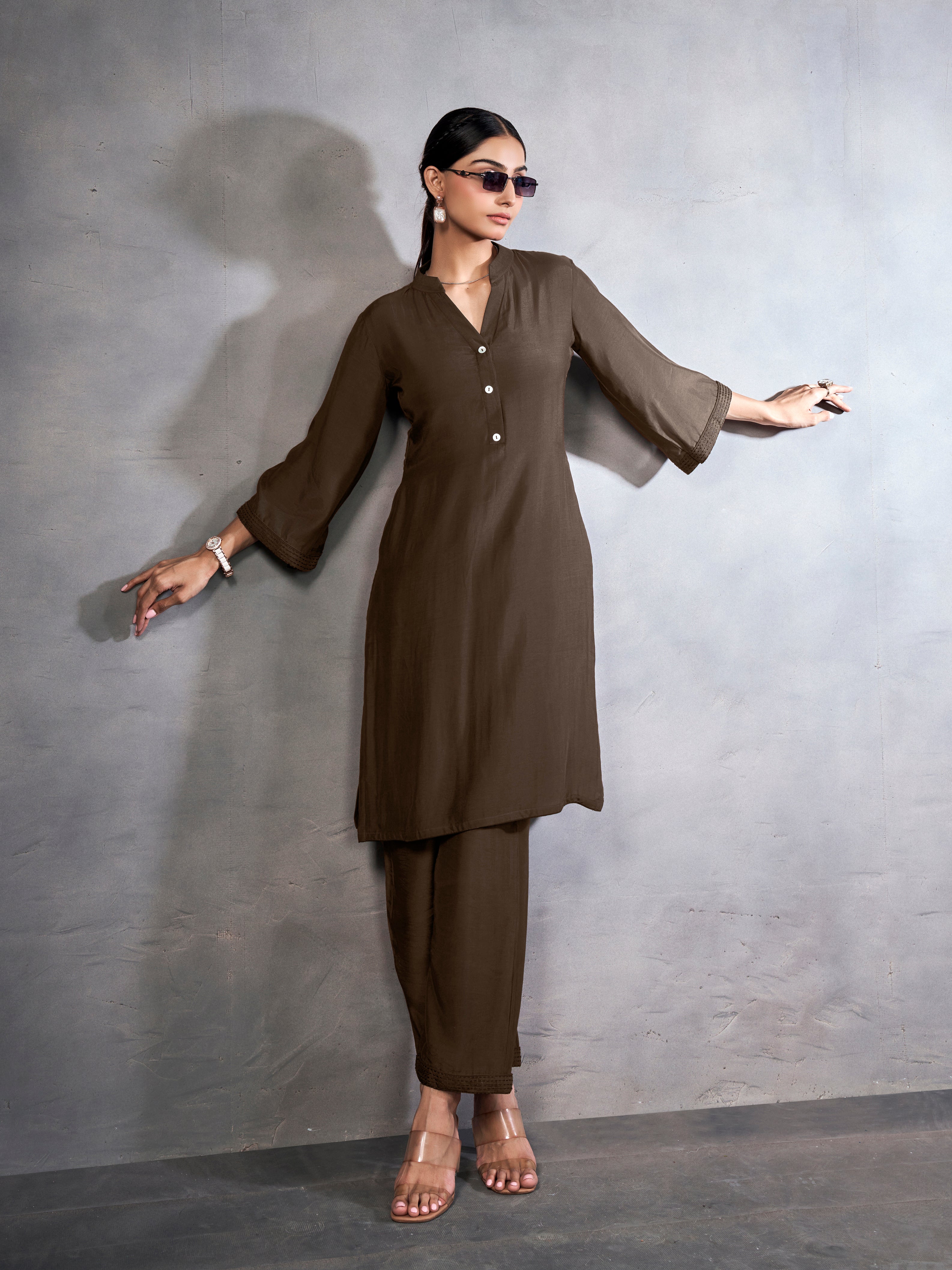 Brown co-ord set with subtle sticthing pattern