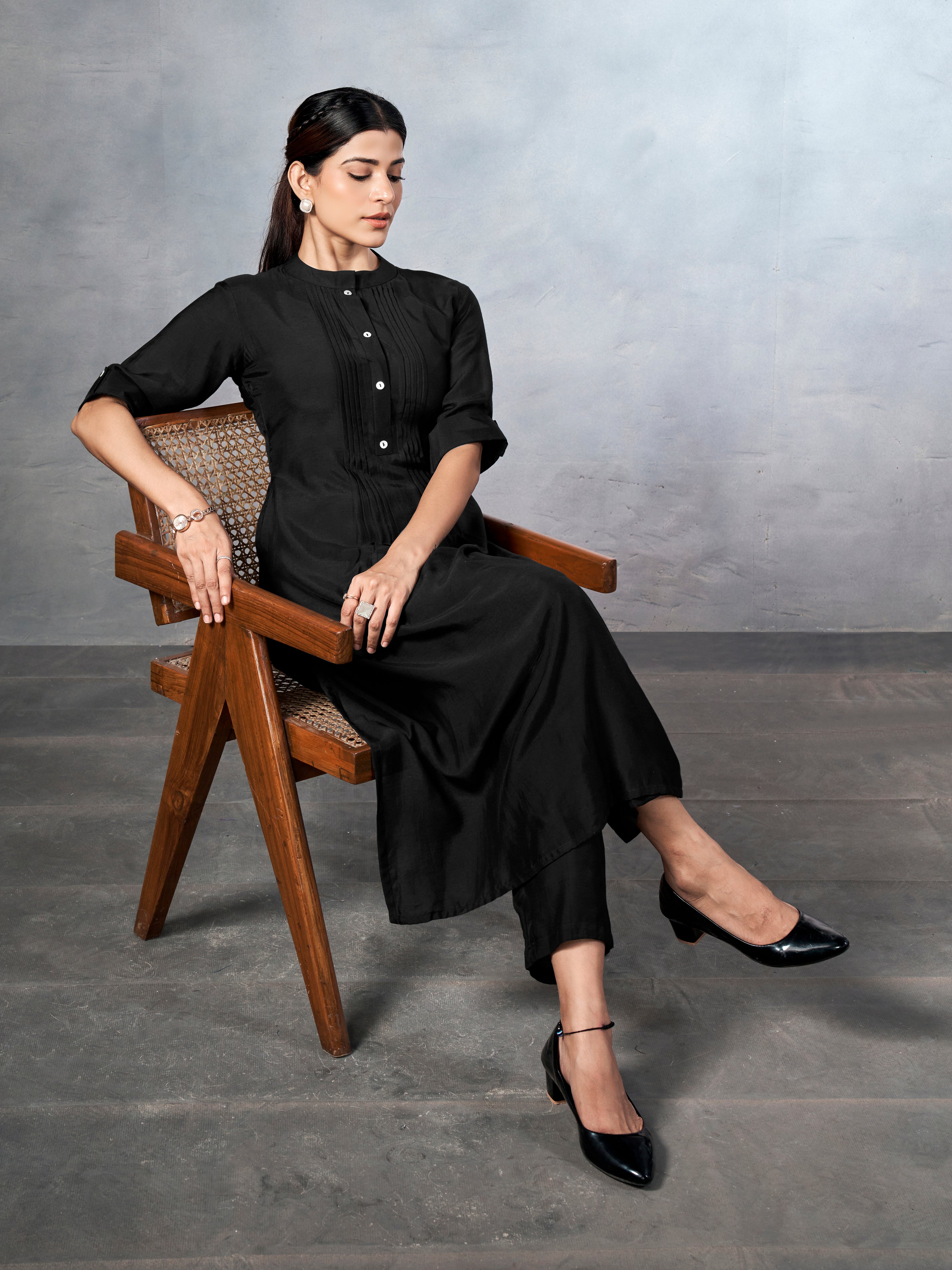 Black muslin kurta-style co-ord set
