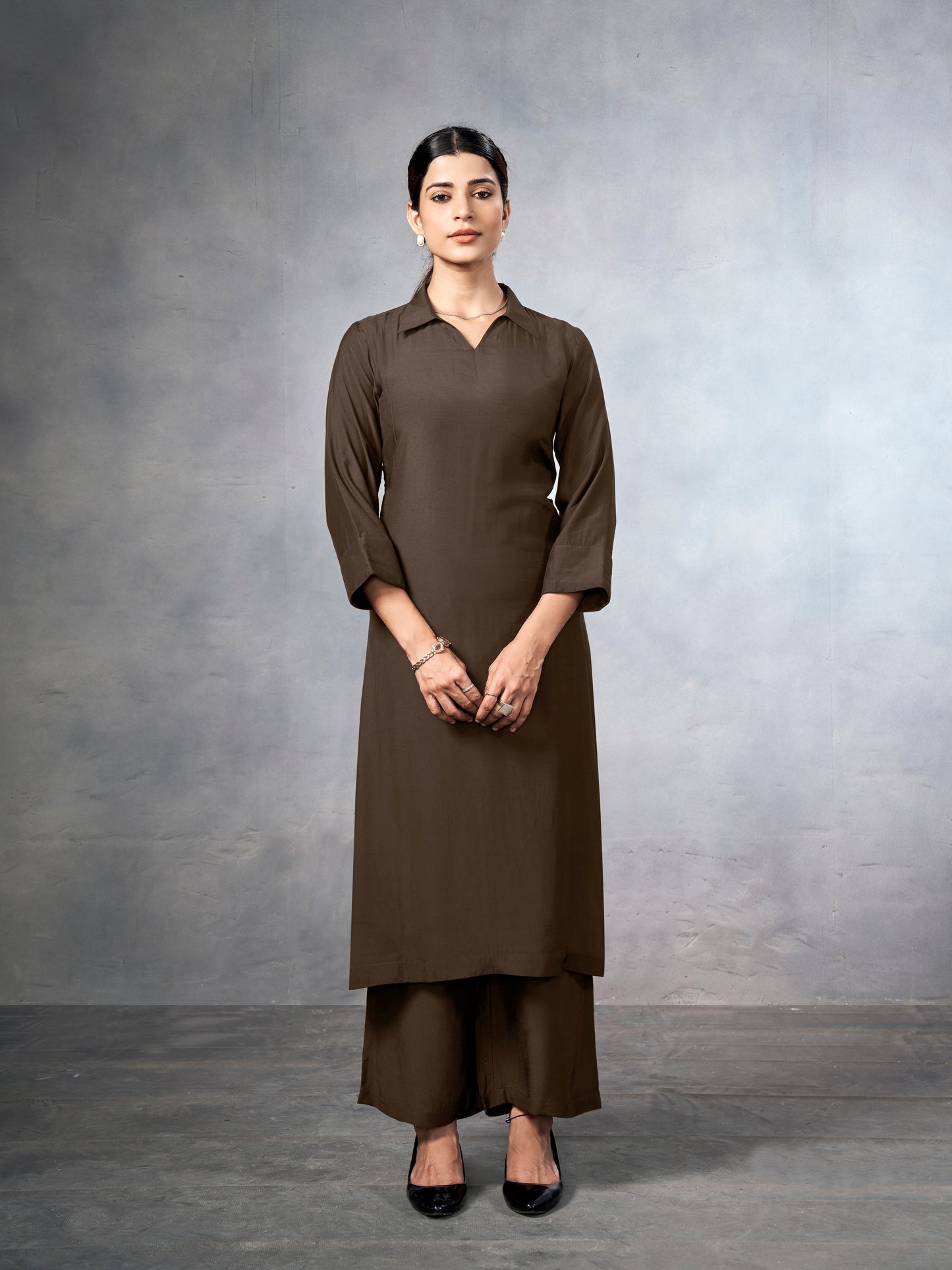 Brown collared kurta  co-ord set
