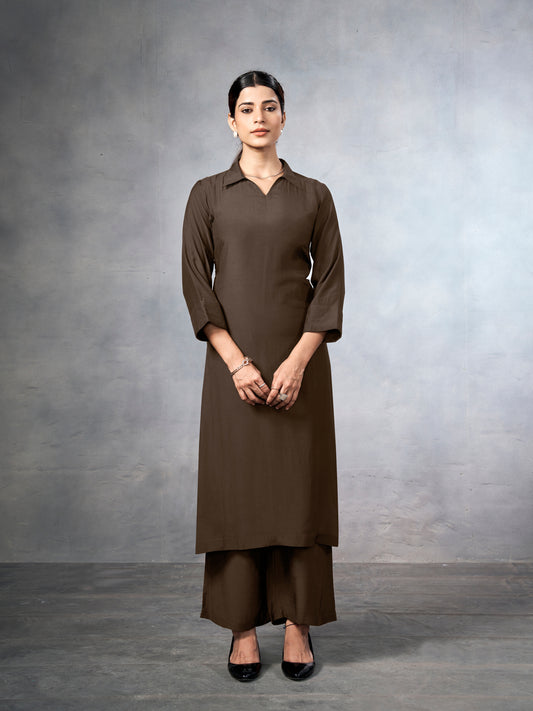 Brown collared kurta  co-ord set