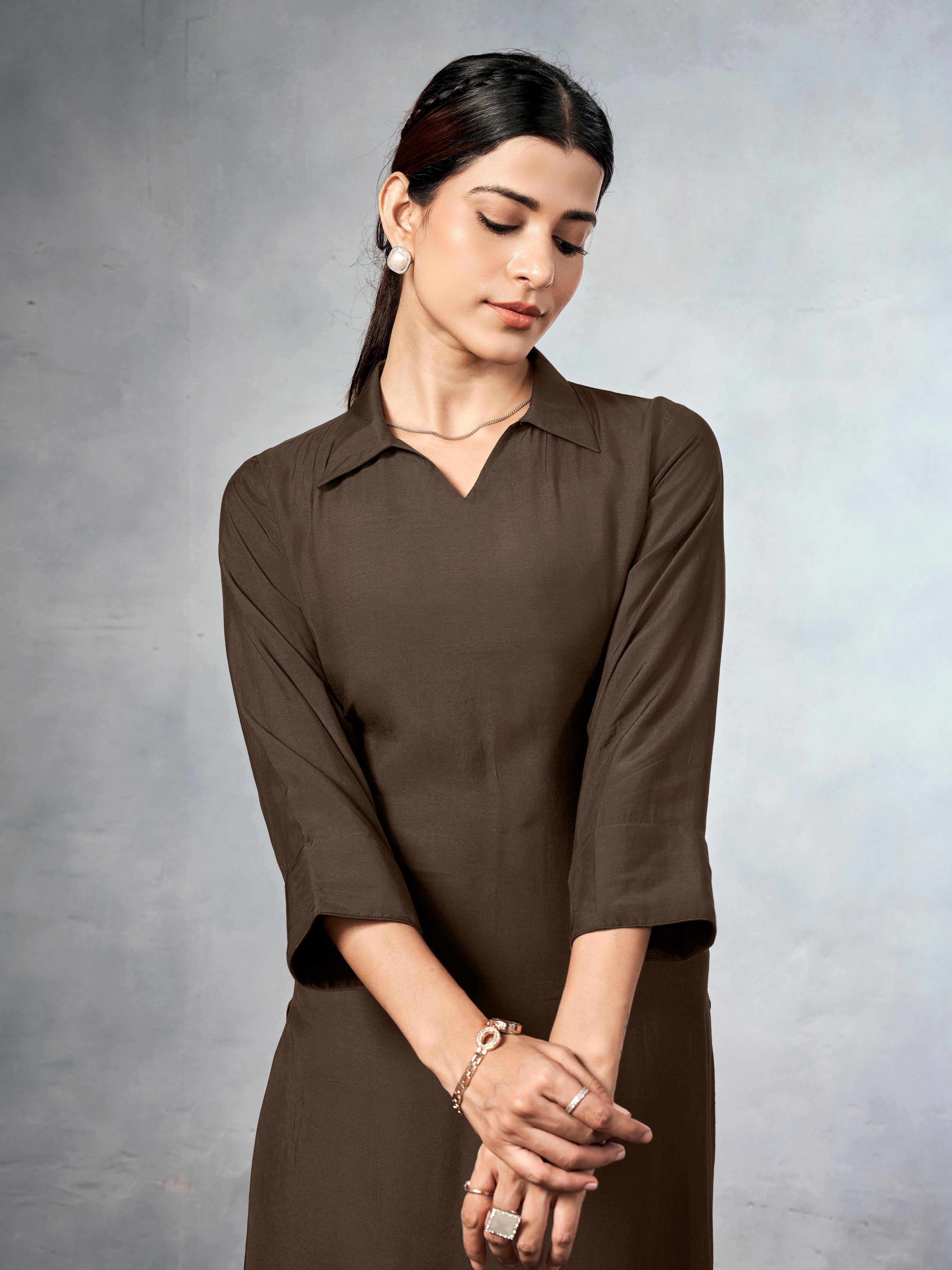 Brown collared kurta  co-ord set
