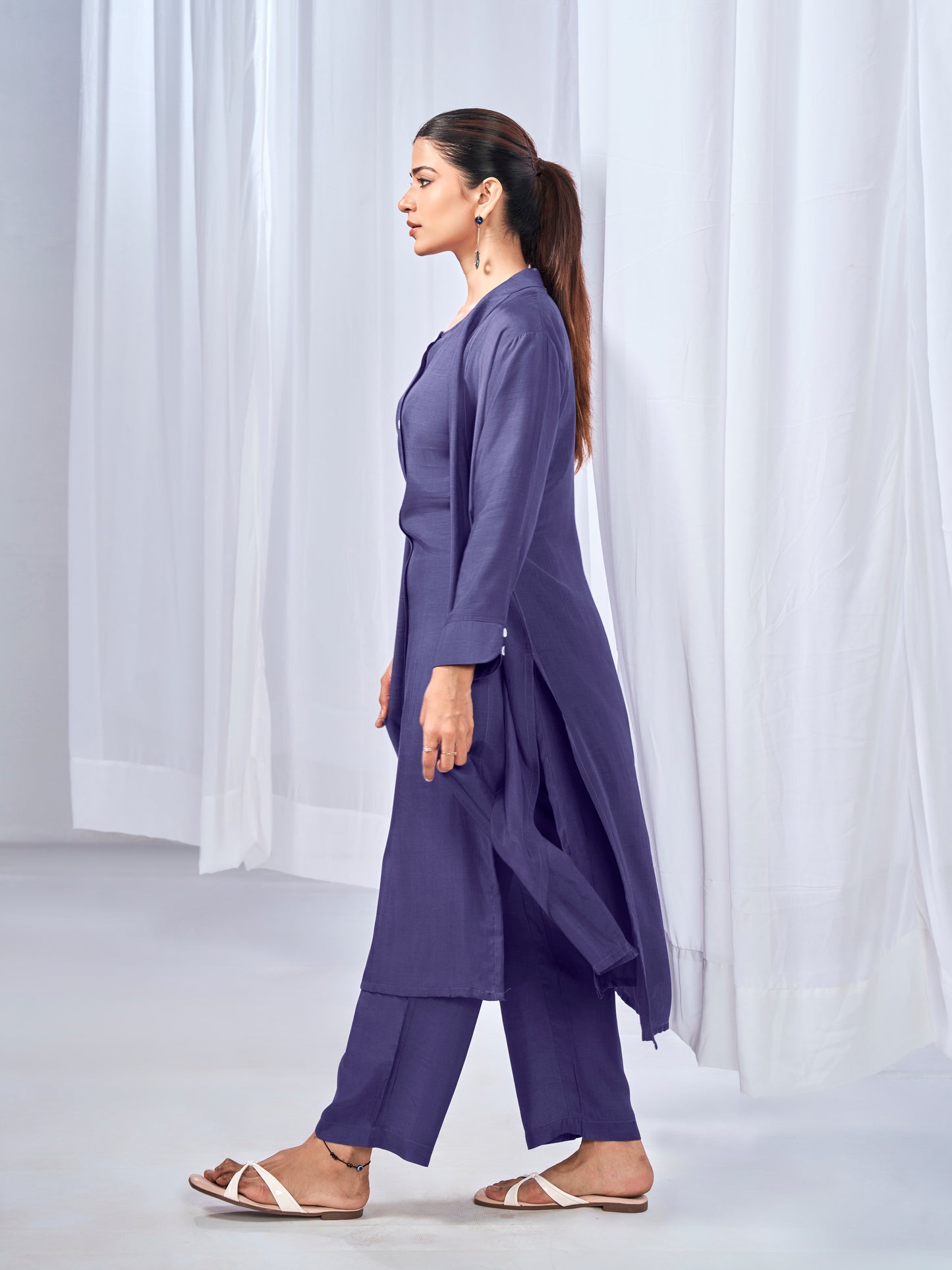 Purple three-piece coord set with shrug