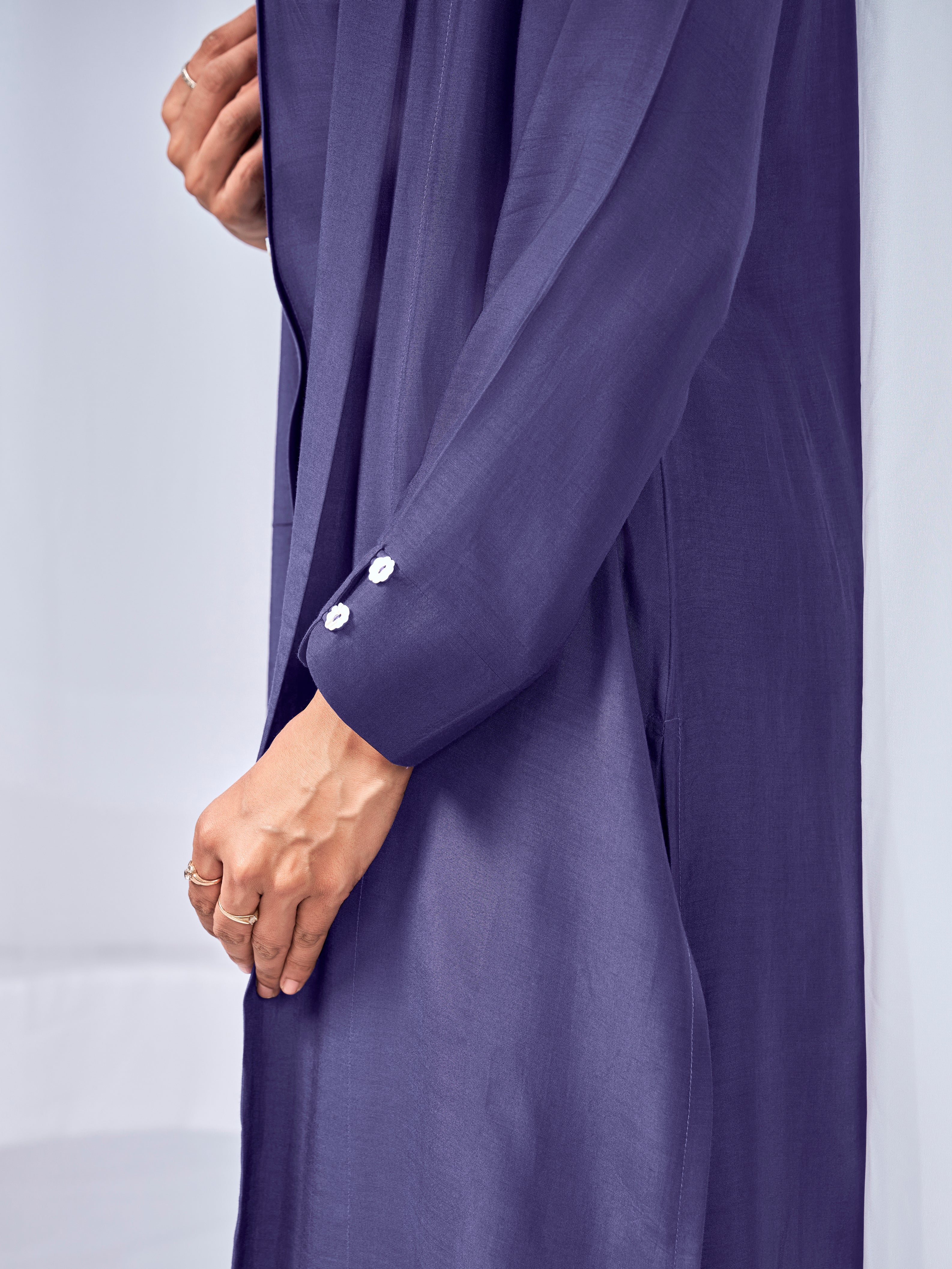 Purple three-piece coord set with shrug