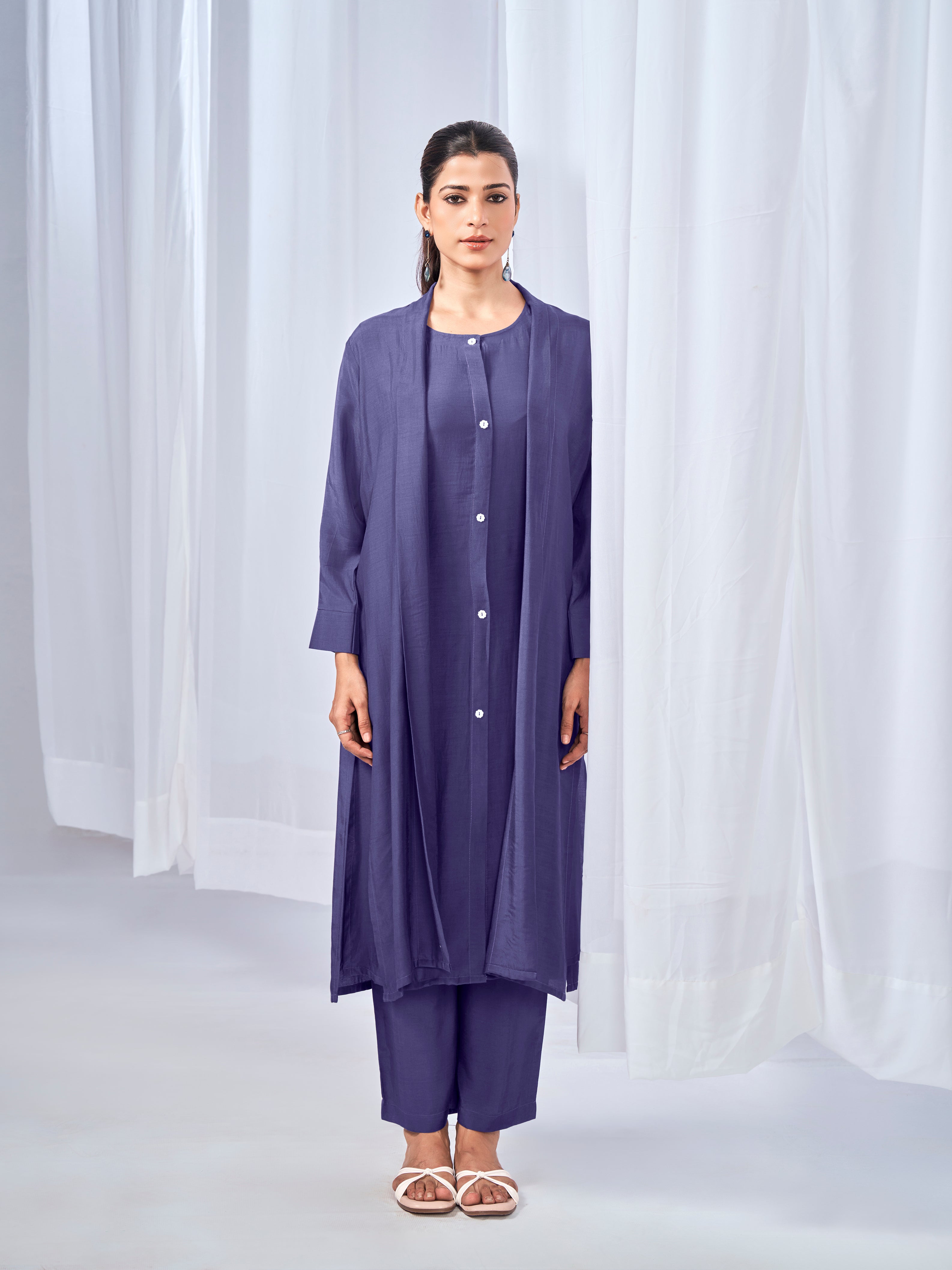 Purple three-piece coord set with shrug