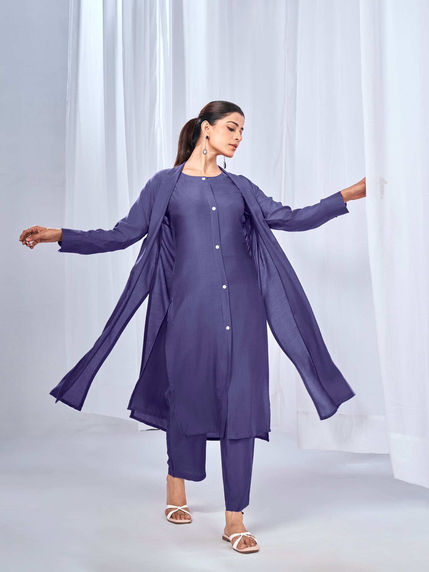 Purple three-piece coord set with shrug