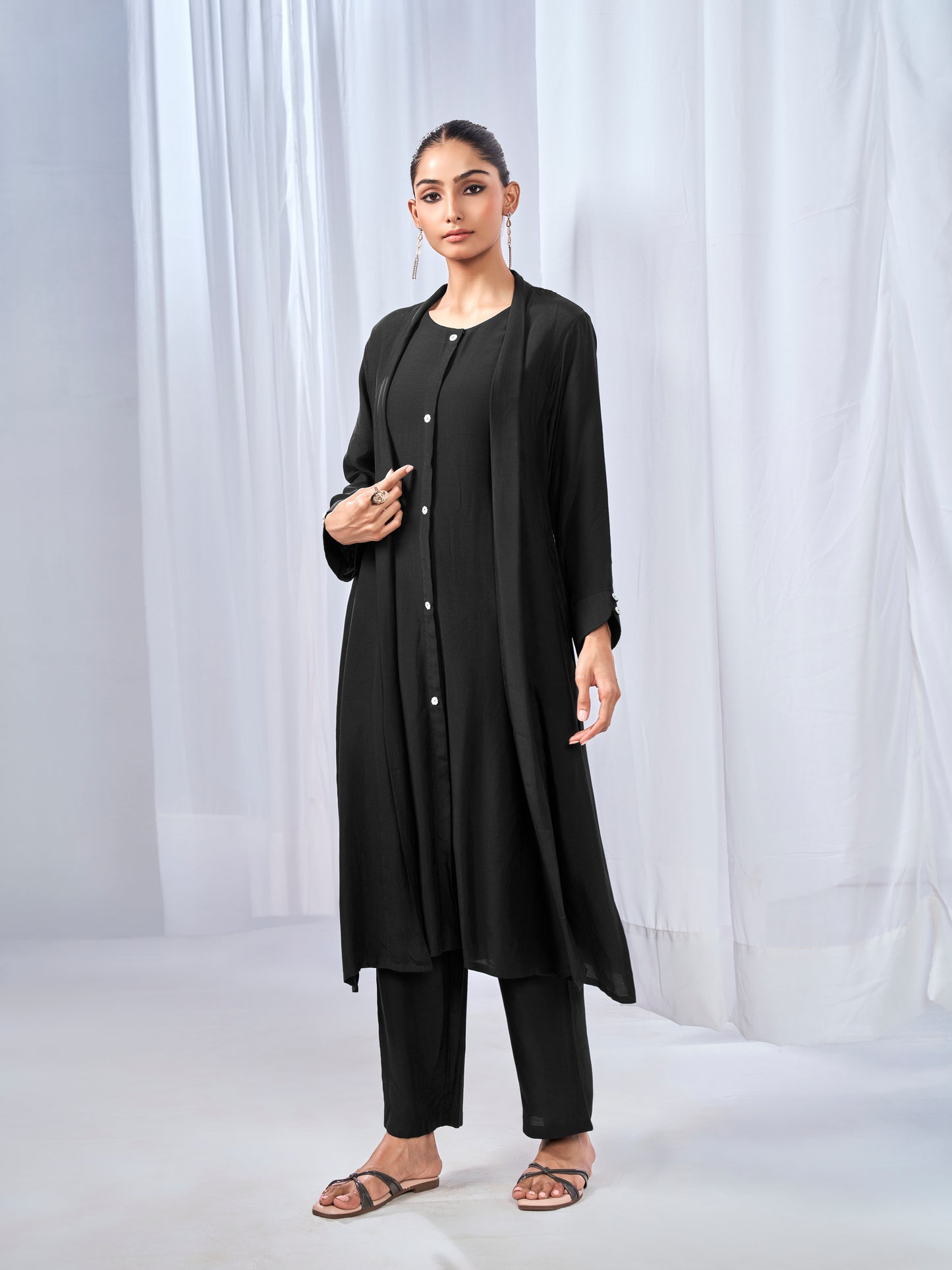 Black three-piece co-ord set with shrug