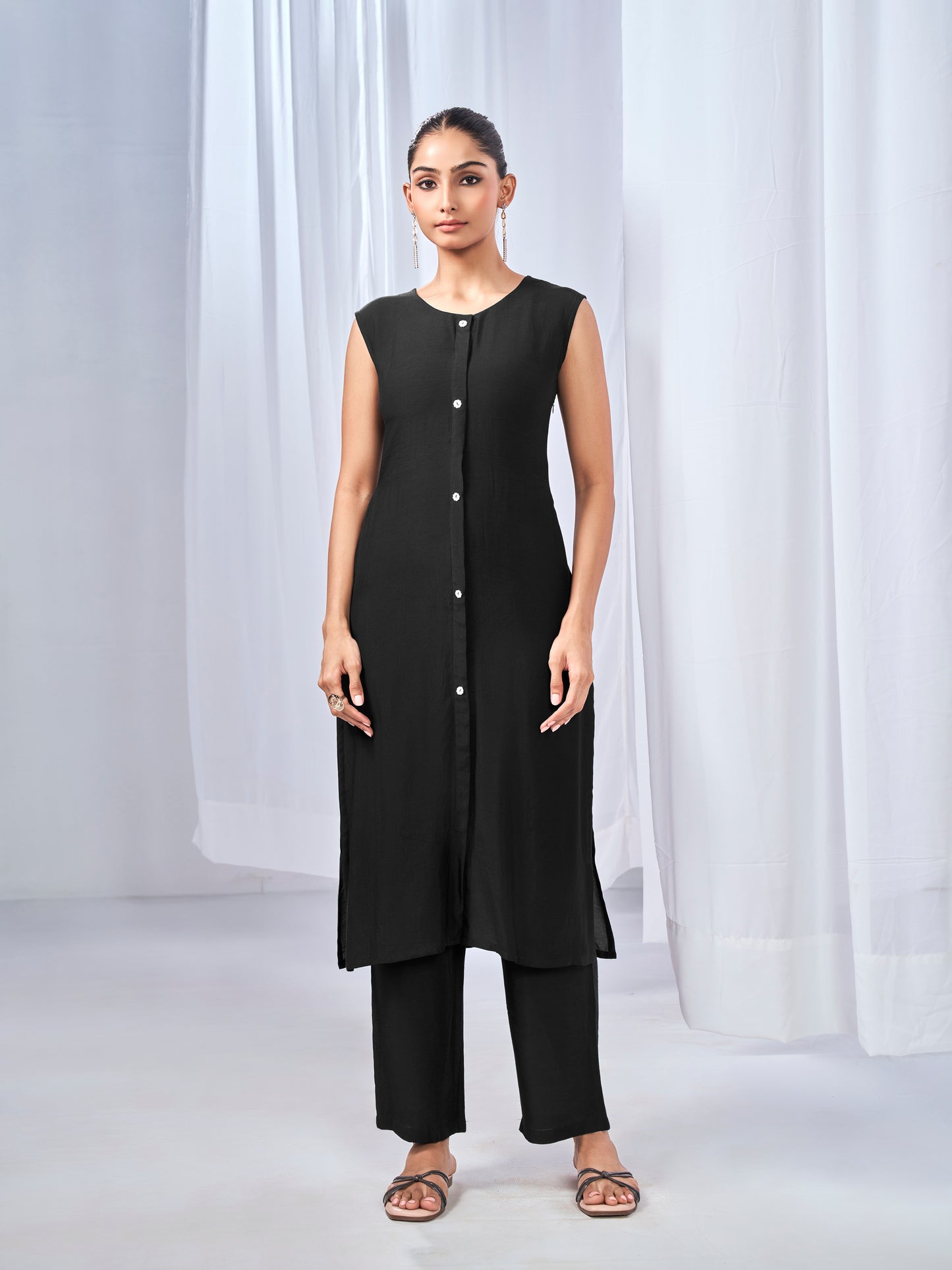 Black three-piece co-ord set with shrug