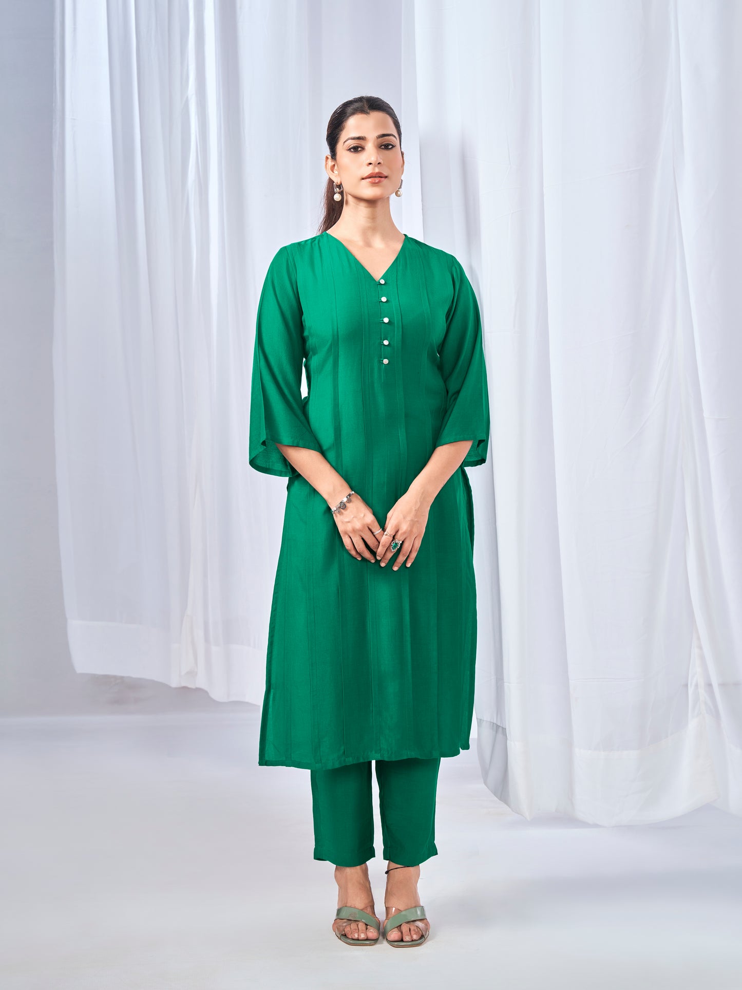 Green long kurta coord set with pearl buttons