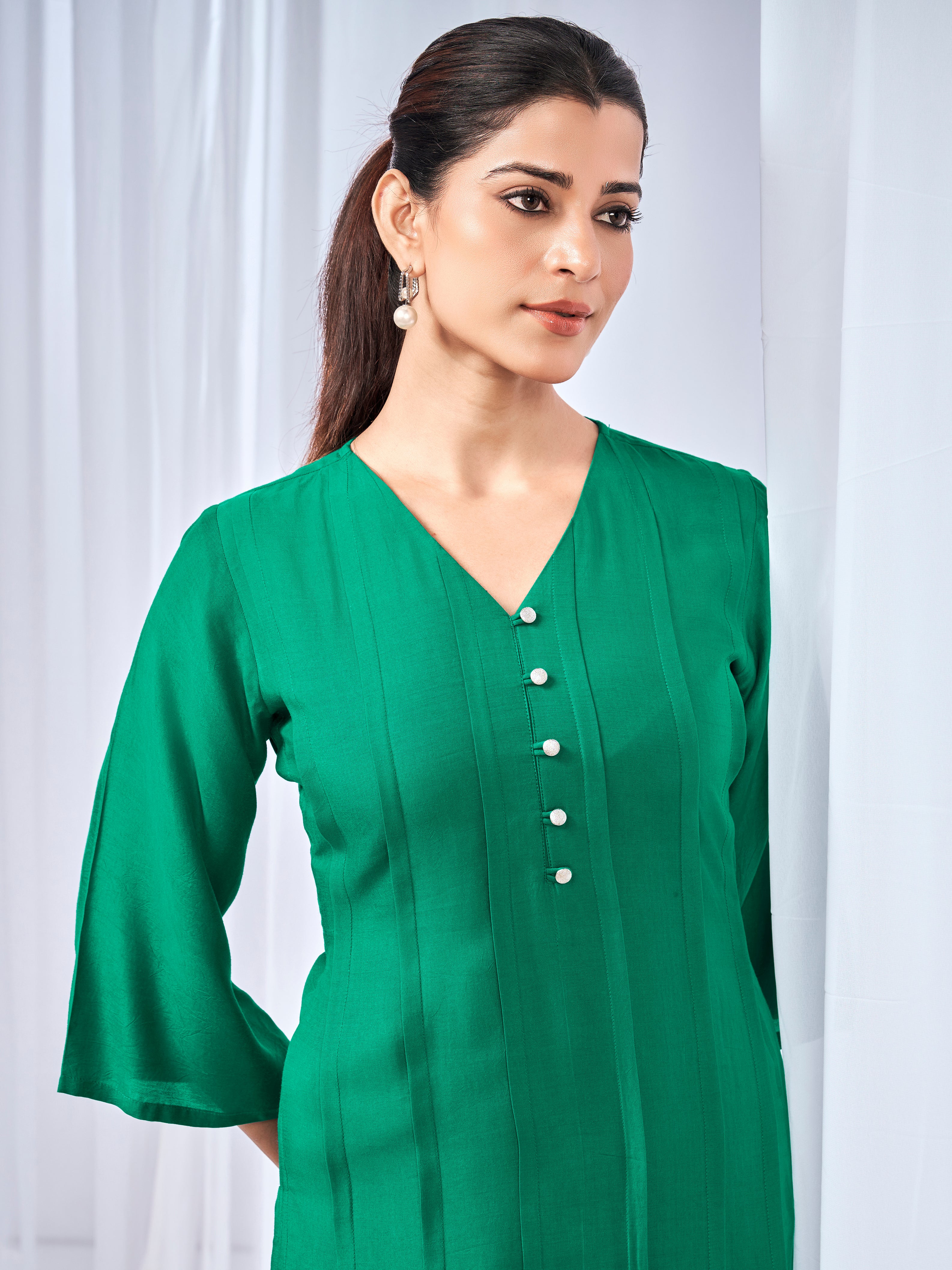 Green long kurta coord set with pearl buttons