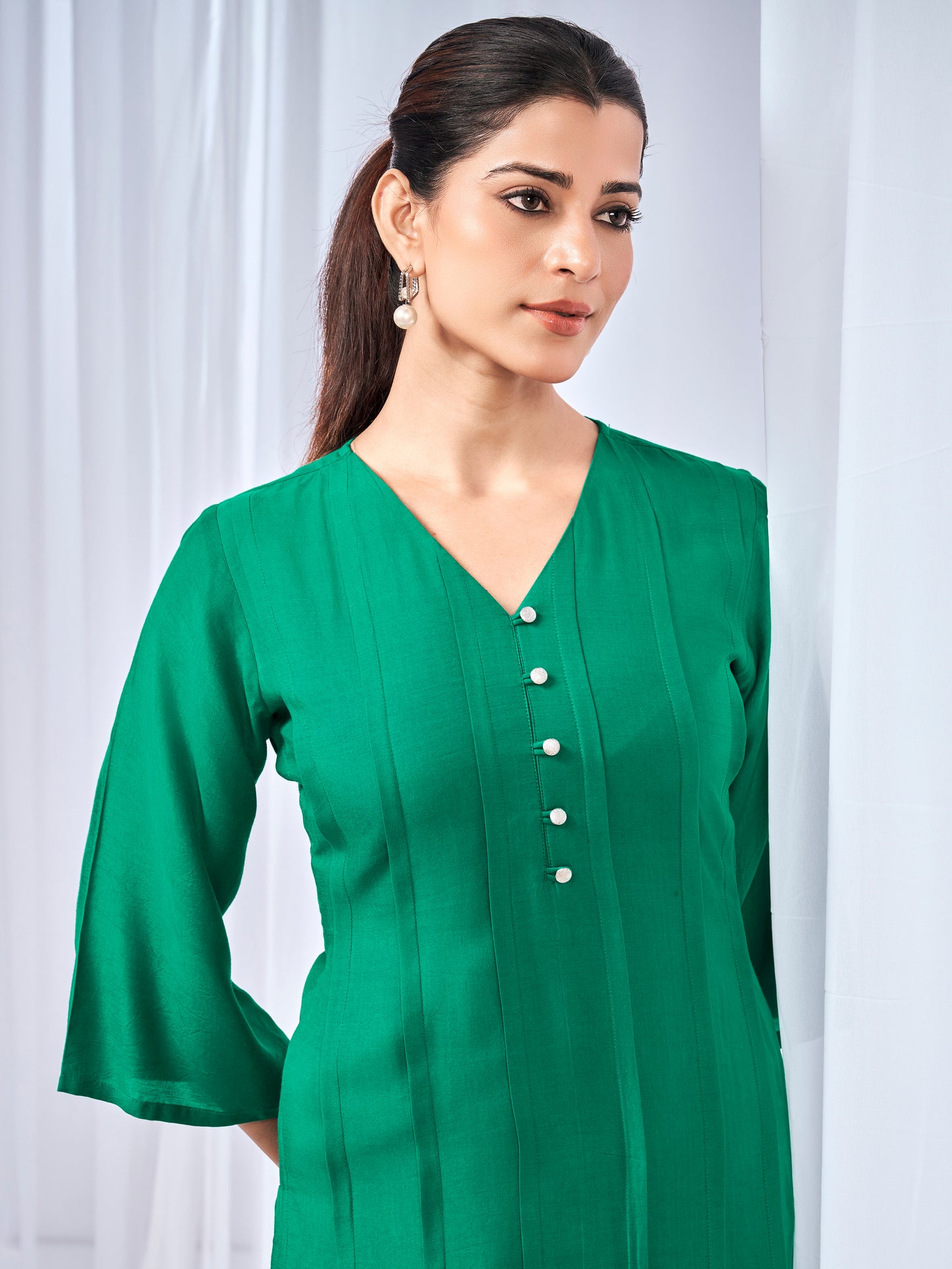 Green long kurta coord set with pearl buttons