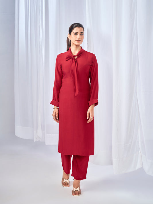 Red coord set with stylish tie-neck detail